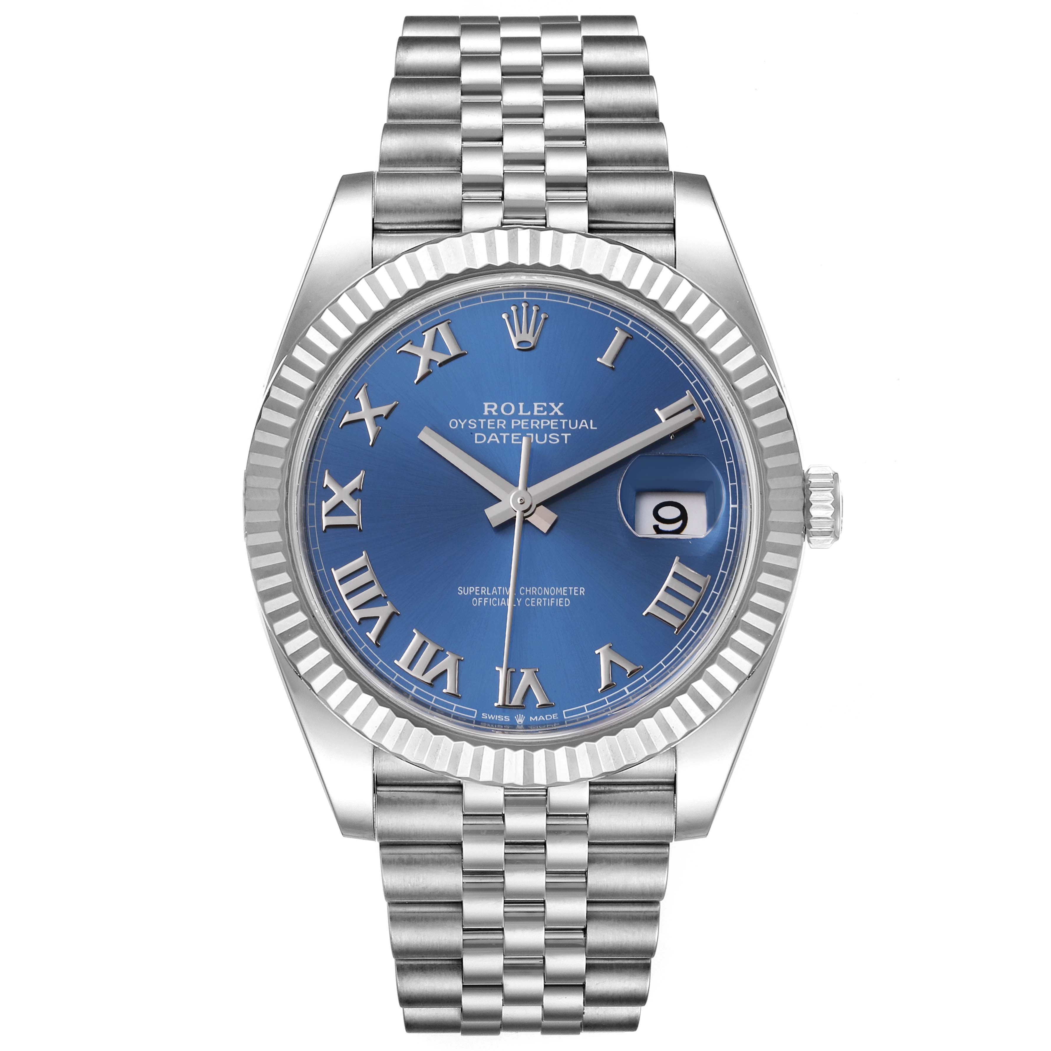 The image shows a front view of the Rolex Datejust 41 126334 Men
s Stainless Steel Blue Dial 126334 Men
s Stainless Steel Blue Dial model, displaying the blue dial, Roman numerals, fluted bezel, and Jubilee bracelet.