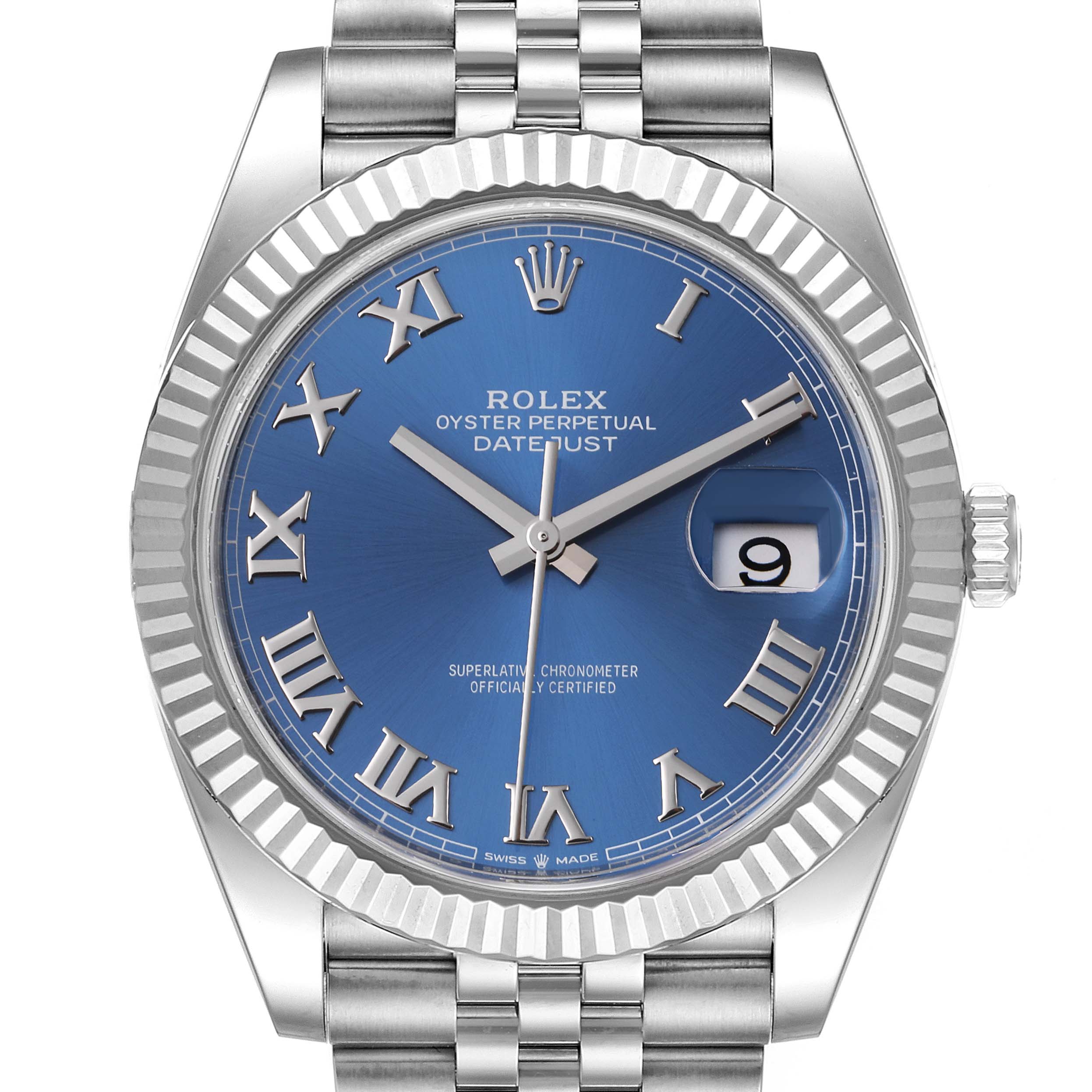 This is a close-up view of a Rolex Datejust 41 126334 Men
s Stainless Steel Blue Dial 126334 Men
s Stainless Steel Blue Dial, showing the blue dial, fluted bezel, and Jubilee bracelet.