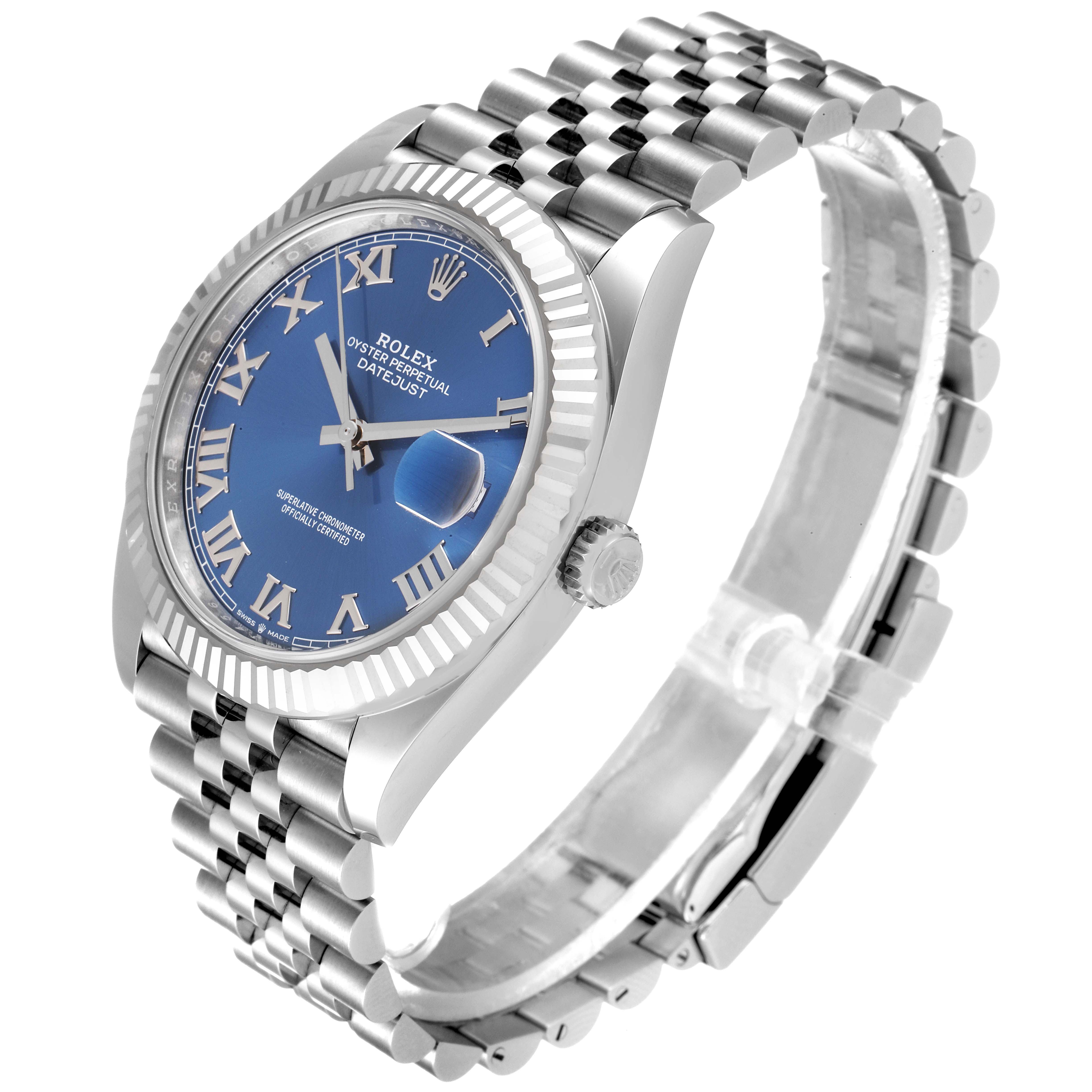 The Rolex Datejust 41 126334 Men
s Stainless Steel Blue Dial 126334 Men
s Stainless Steel Blue Dial watch is shown at an angle displaying the dial, bezel, crown, and Jubilee bracelet.