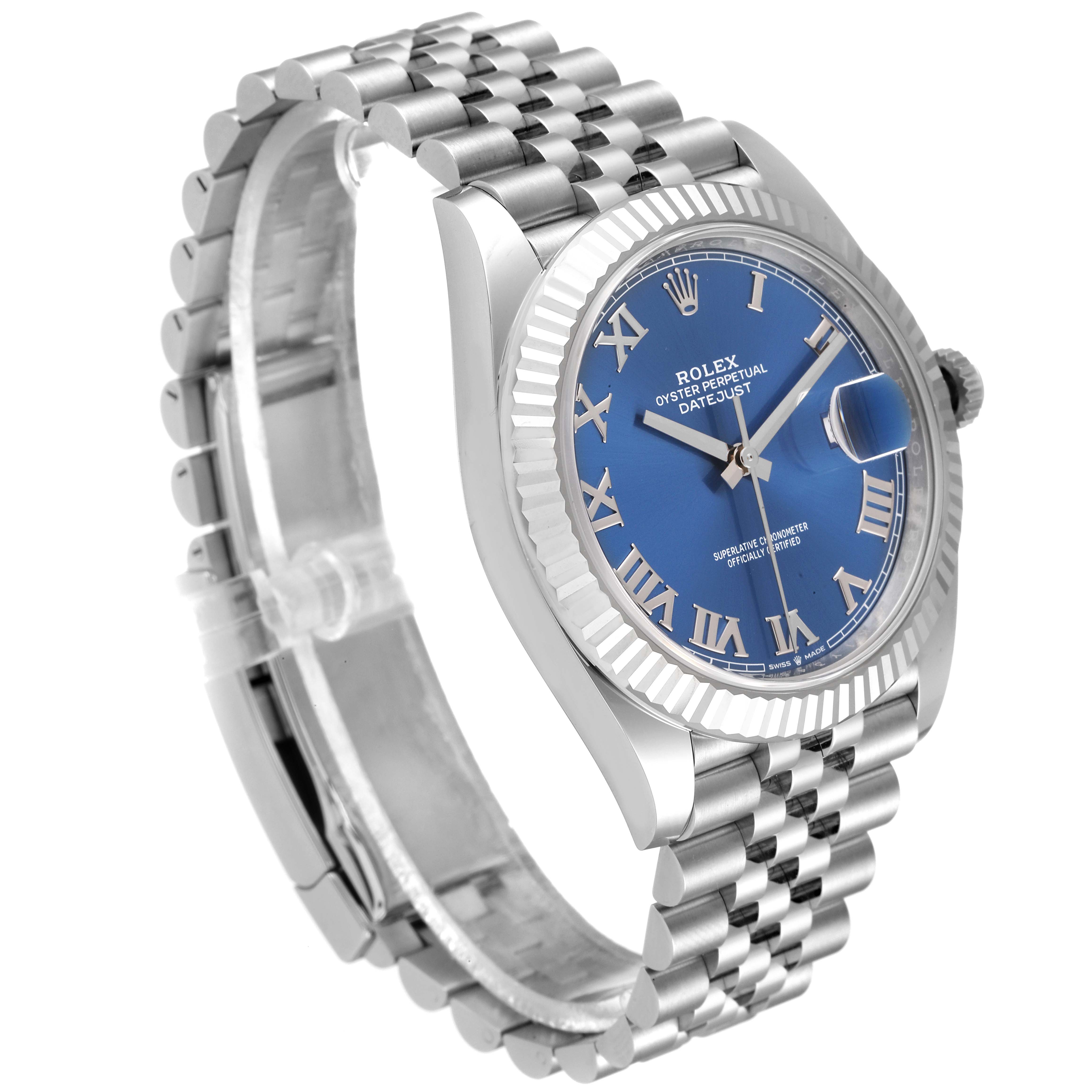 The image shows a side-angle view of a Rolex Datejust 41 126334 Men
s Stainless Steel Blue Dial 126334 Men
s Stainless Steel Blue Dial model, highlighting the blue dial, fluted bezel, and Jubilee bracelet.