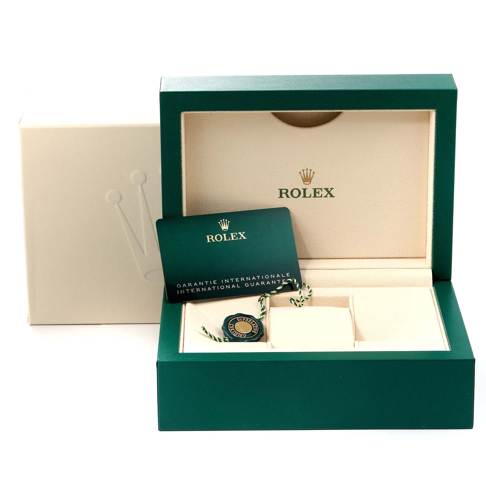 The image shows the packaging box and accessories for a Rolex Datejust 41 126334 Men
s Stainless Steel Blue Dial 126334 Men
s Stainless Steel Blue Dial, including the warranty card and seal.