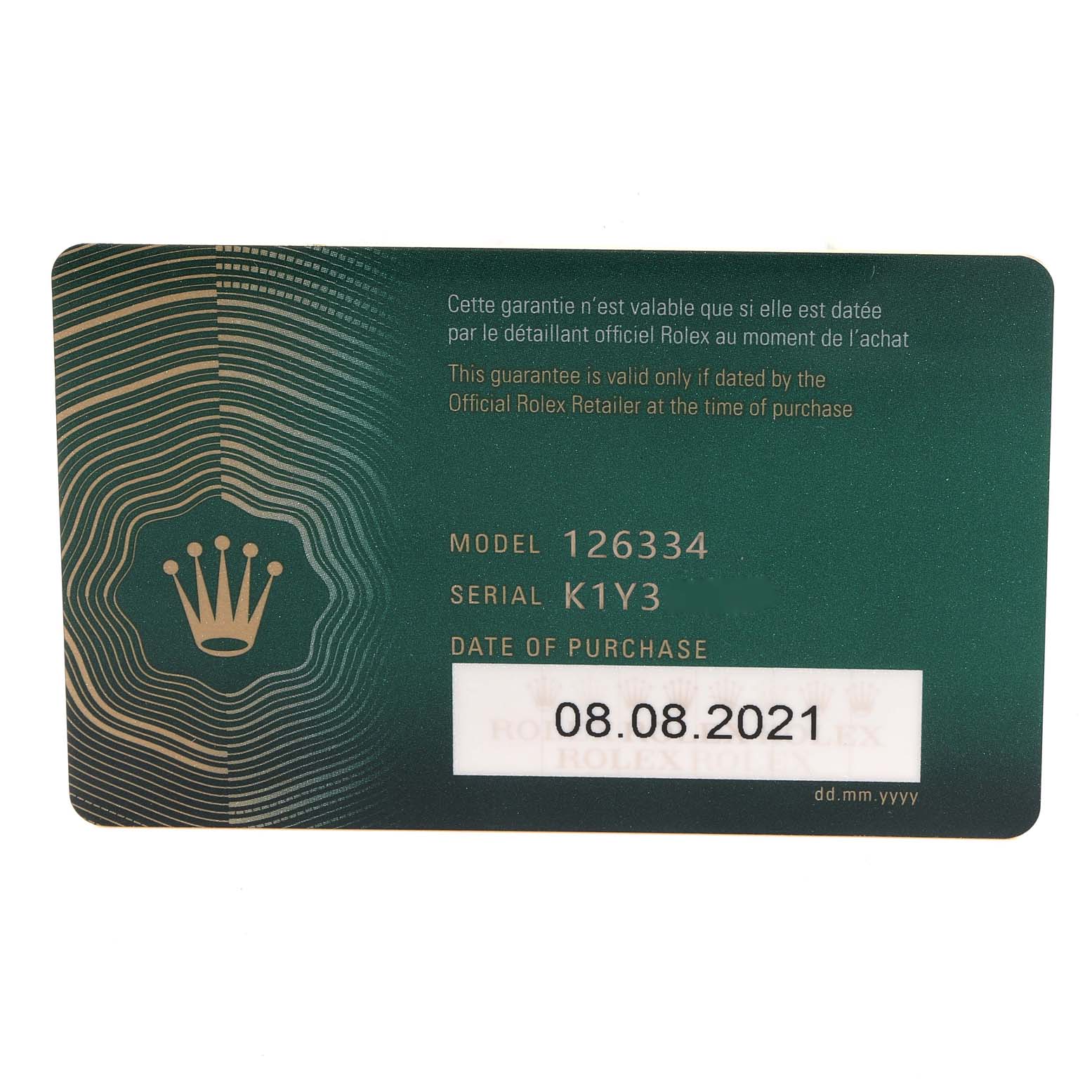 This is the warranty card for the Rolex Datejust 41 126334 Men
s Stainless Steel Blue Dial 126334 Men
s Stainless Steel Blue Dial model, displaying the model number, serial number, and date of purchase.