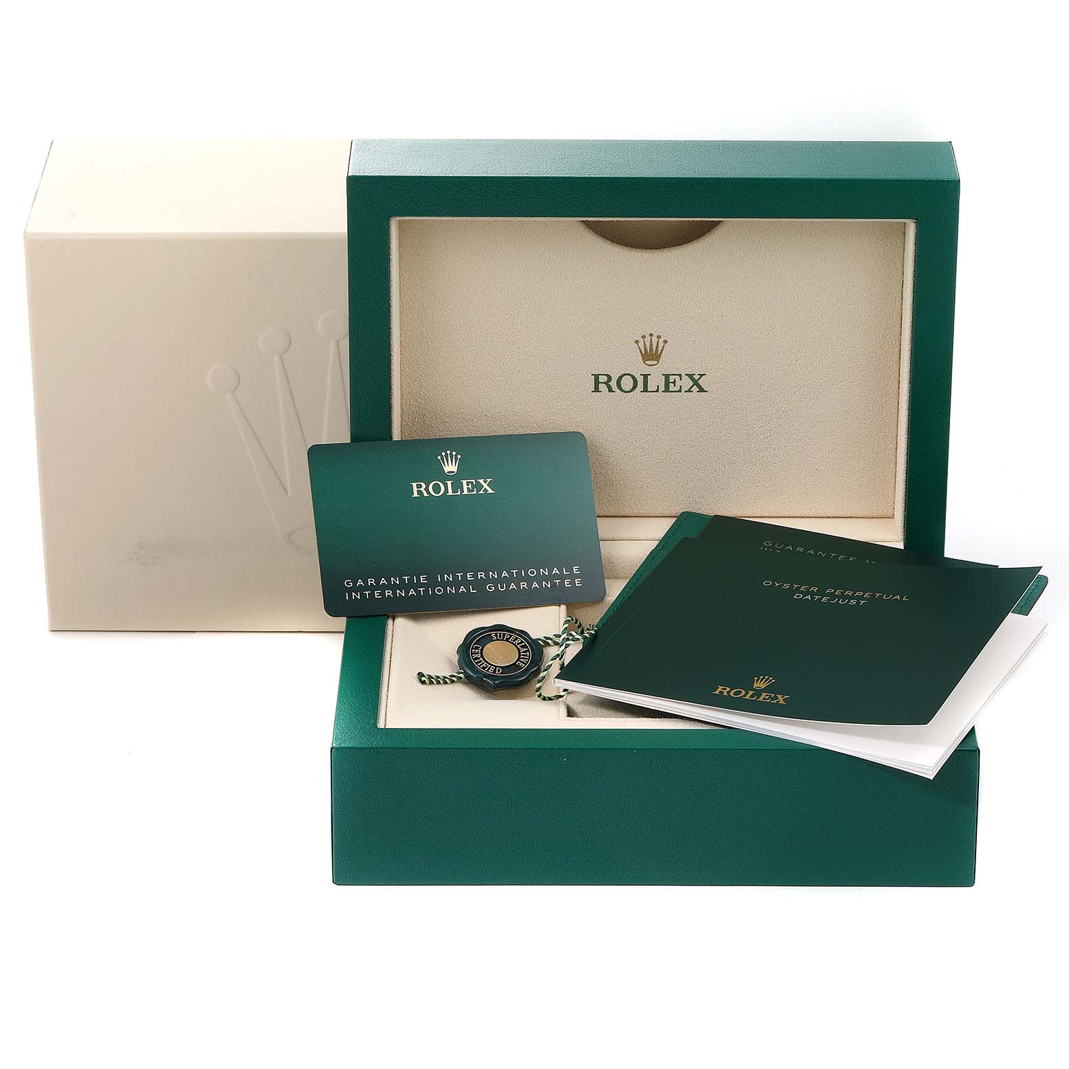 The image displays the box, international guarantee card, manuals, and hang tag of a Rolex Datejust 41 126334 Men
s Stainless Steel Blue Dial 126334 Men
s Stainless Steel Blue Dial watch.