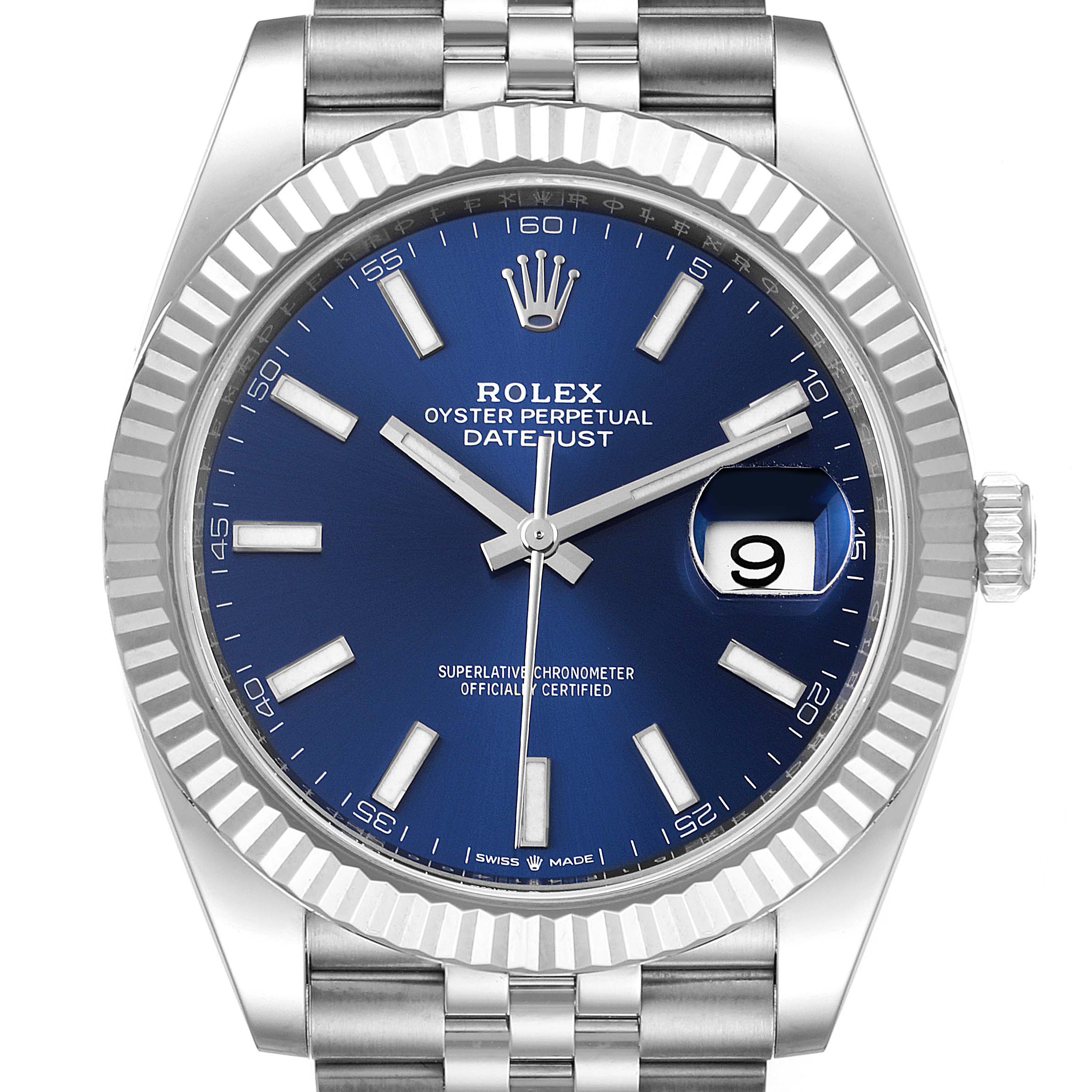 The image shows a frontal view of the Rolex Datejust 41 126334 Men
s Stainless Steel Blue Dial 126334 Men
s Stainless Steel Blue Dial watch, featuring its blue dial, fluted bezel, and date window at 3 o
clock.