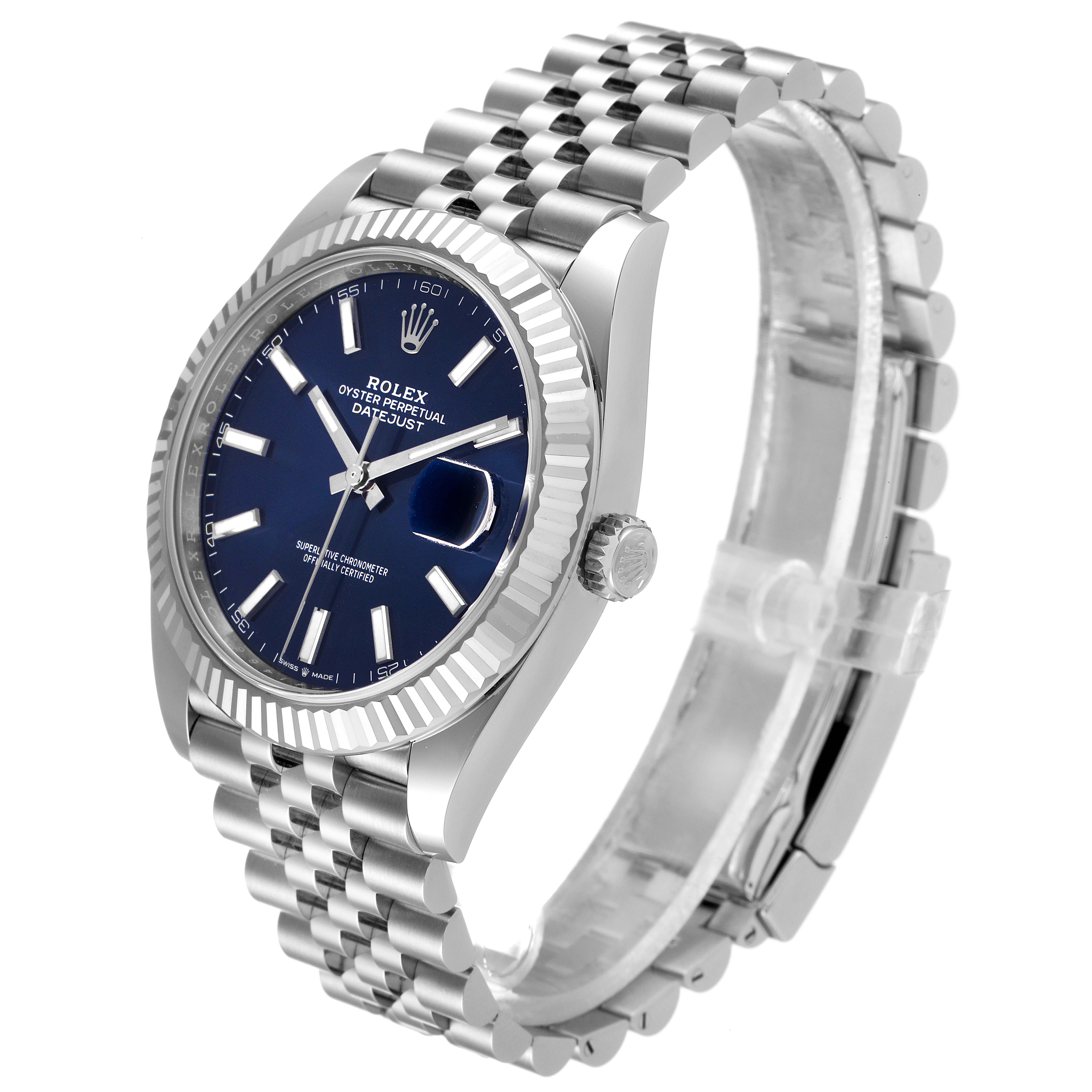 The image shows a Rolex Datejust 41 126334 Men
s Stainless Steel Blue Dial 126334 Men
s Stainless Steel Blue Dial model watch at a front-left angle, highlighting its blue dial and Jubilee bracelet.