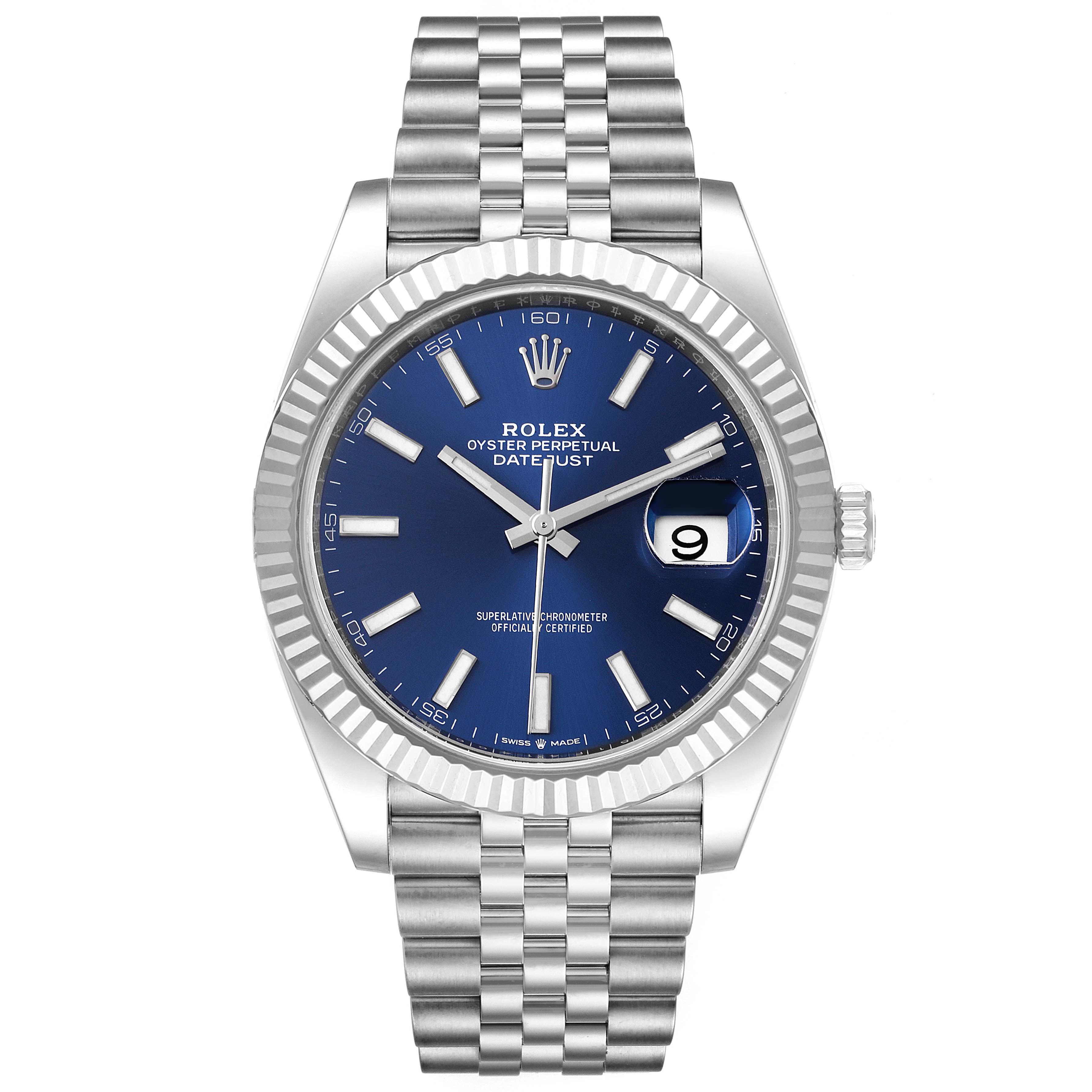 The image shows a front view of a Rolex Datejust 41 126334 Men
s Stainless Steel Blue Dial 126334 Men
s Stainless Steel Blue Dial watch with a blue dial, fluted bezel, and Jubilee bracelet.