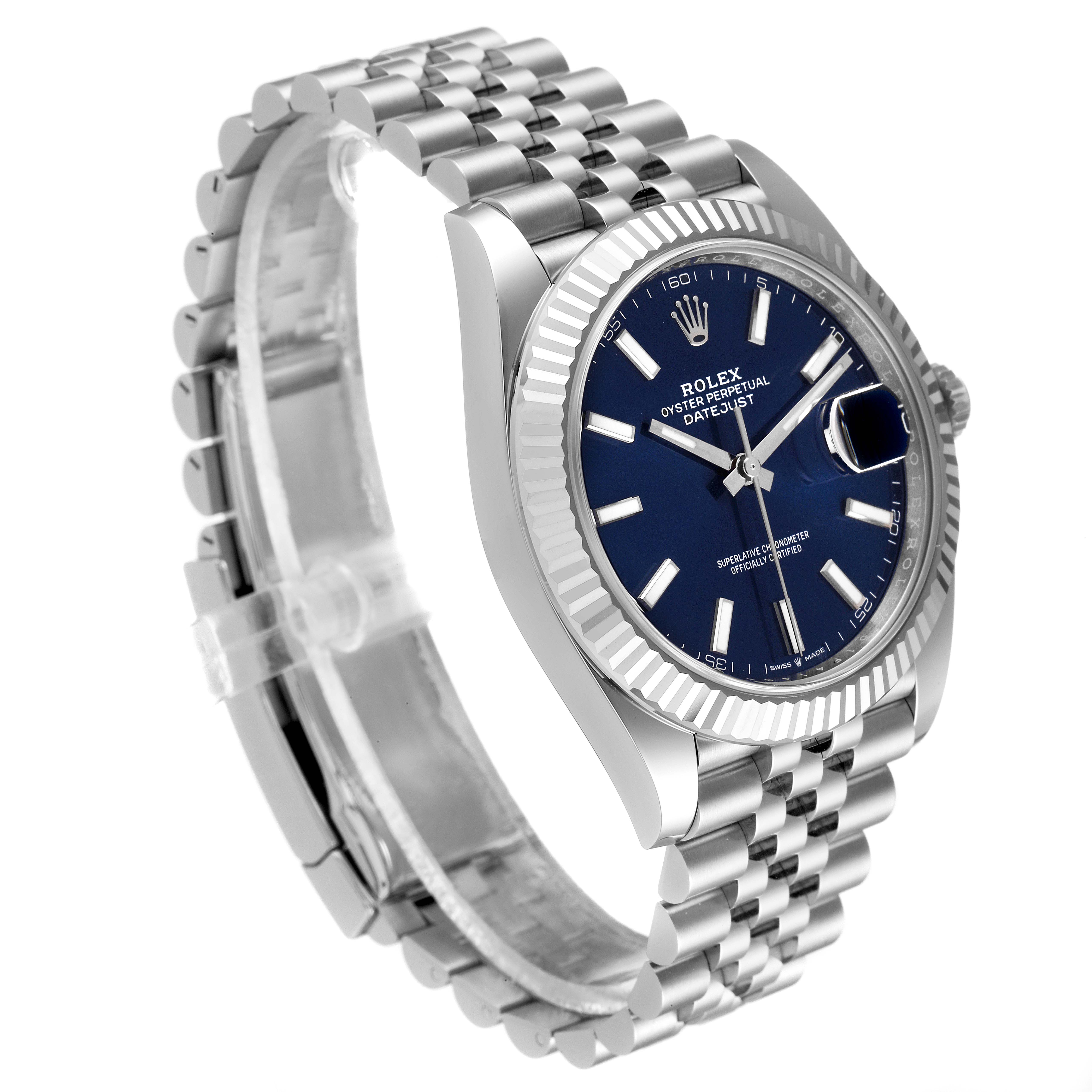 The image shows a Rolex Datejust 41 126334 Men
s Stainless Steel Blue Dial 126334 Men
s Stainless Steel Blue Dial watch positioned at a slight angle, highlighting its blue dial, fluted bezel, and Jubilee bracelet.