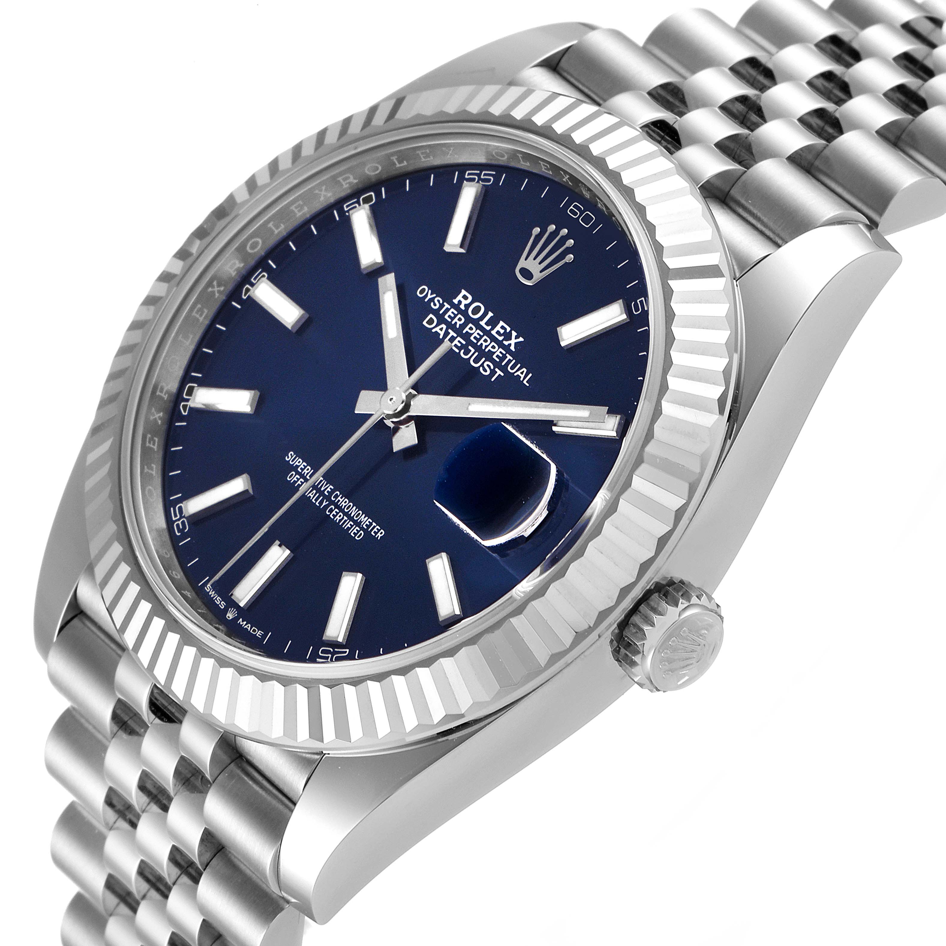 This image shows the Rolex Datejust 41 126334 Men
s Stainless Steel Blue Dial 126334 Men
s Stainless Steel Blue Dial model at a tilted angle displaying the face, bezel, crown, and Jubilee bracelet.