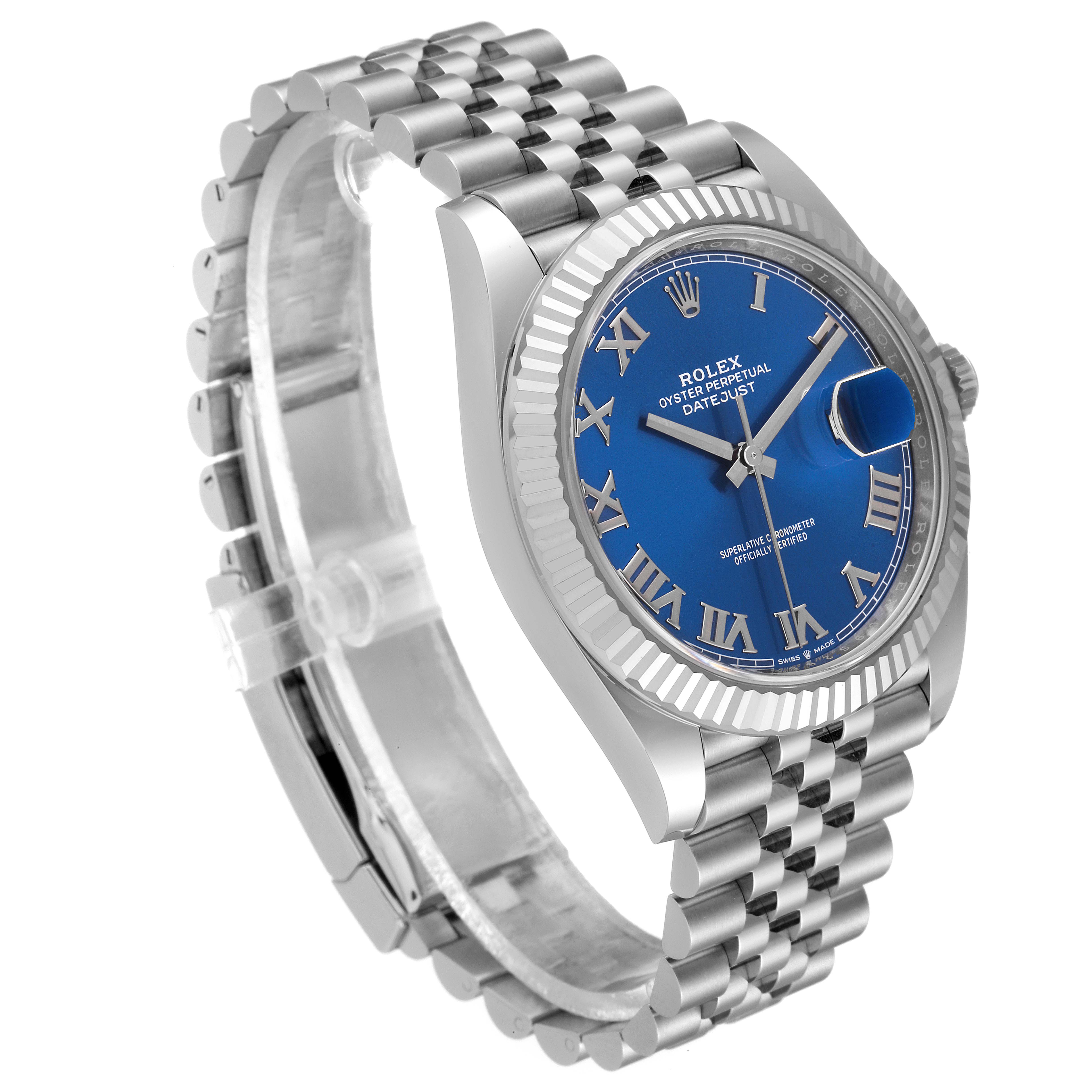 This image shows a Rolex Datejust 41 126334 Men
s Stainless Steel Blue Dial 126334 Men
s Stainless Steel Blue Dial with a blue dial, Roman numerals, jubilee bracelet, fluted bezel, and date window at an angled view.