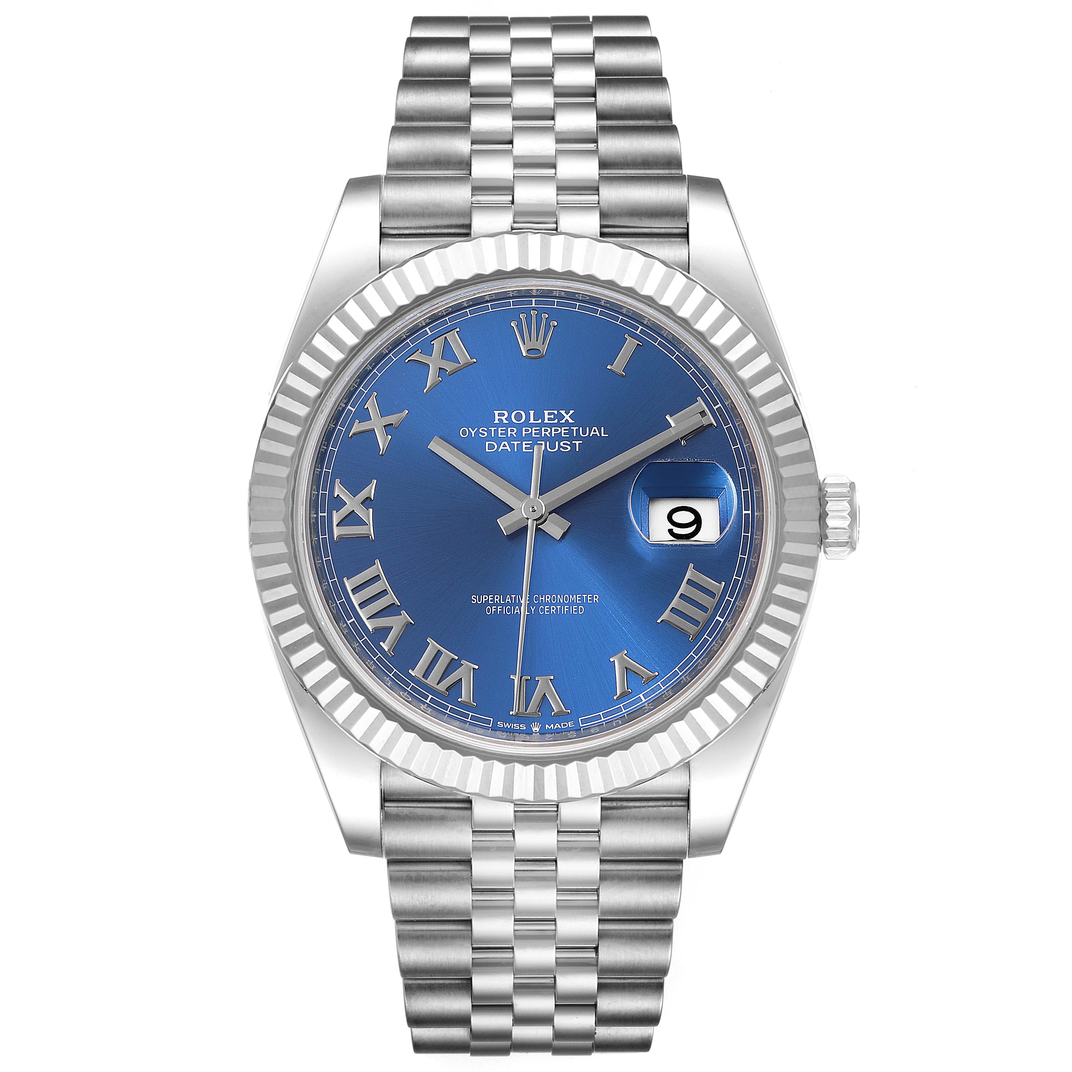 The image shows a front view of the Rolex Datejust 41 126334 Men
s Stainless Steel Blue Dial 126334 Men
s Stainless Steel Blue Dial watch with a blue dial, Roman numerals, a date display, and a Jubilee bracelet.