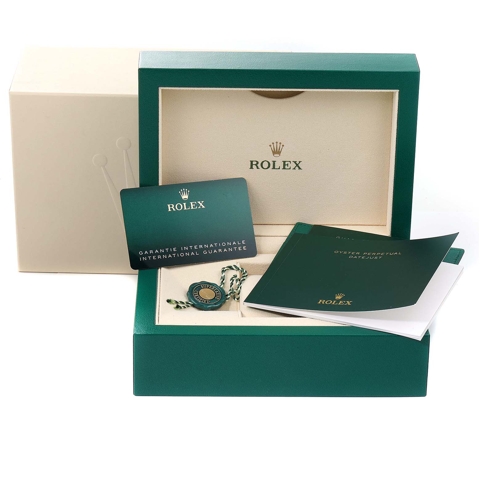 The image shows the packaging, booklet, international guarantee card, and tag of a Rolex Datejust 41 126334 Men
s Stainless Steel Blue Dial 126334 Men
s Stainless Steel Blue Dial model.