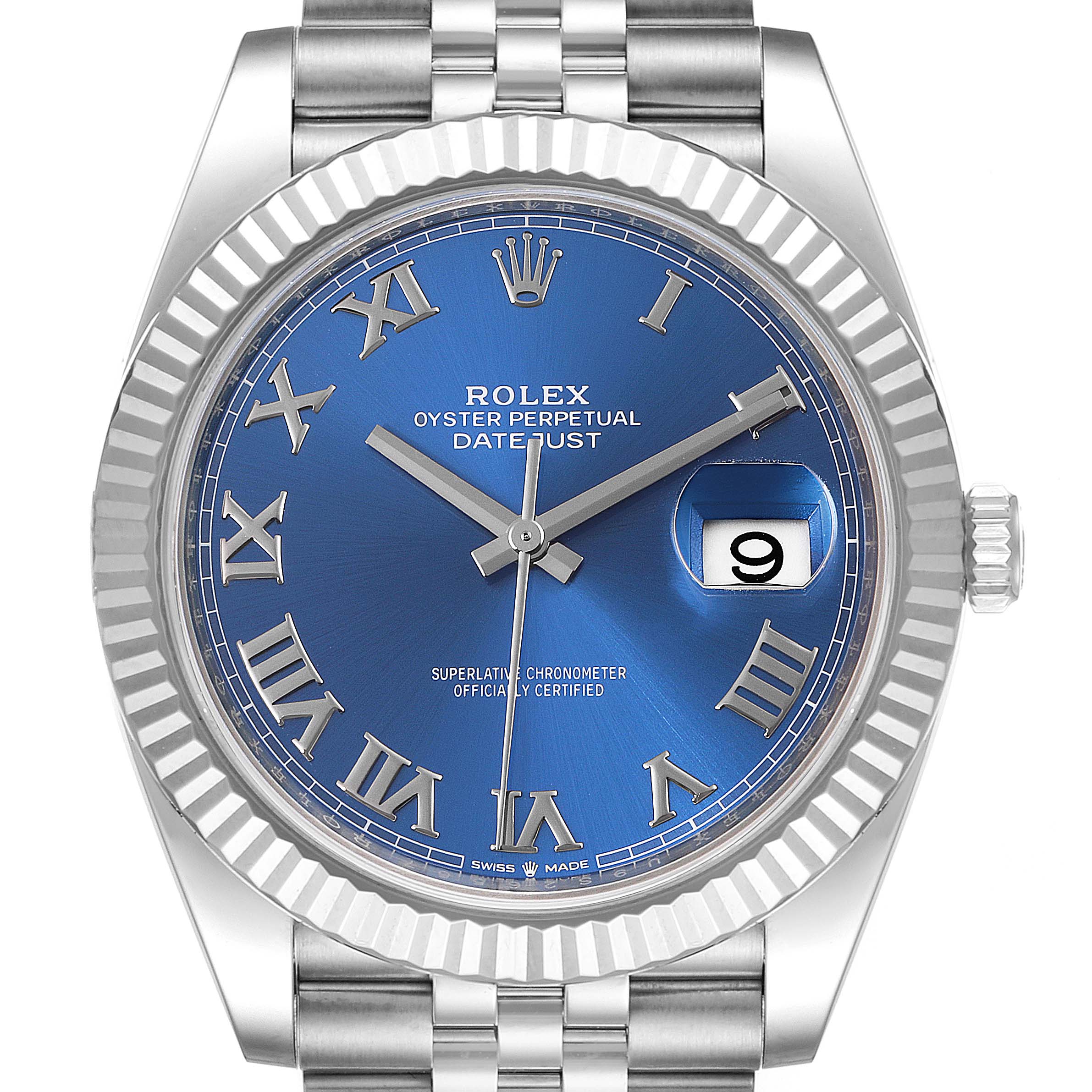 This image shows the Rolex Datejust 41 126334 Men
s Stainless Steel Blue Dial 126334 Men
s Stainless Steel Blue Dial watch from a front angle, highlighting the blue Roman numeral dial and fluted bezel.
