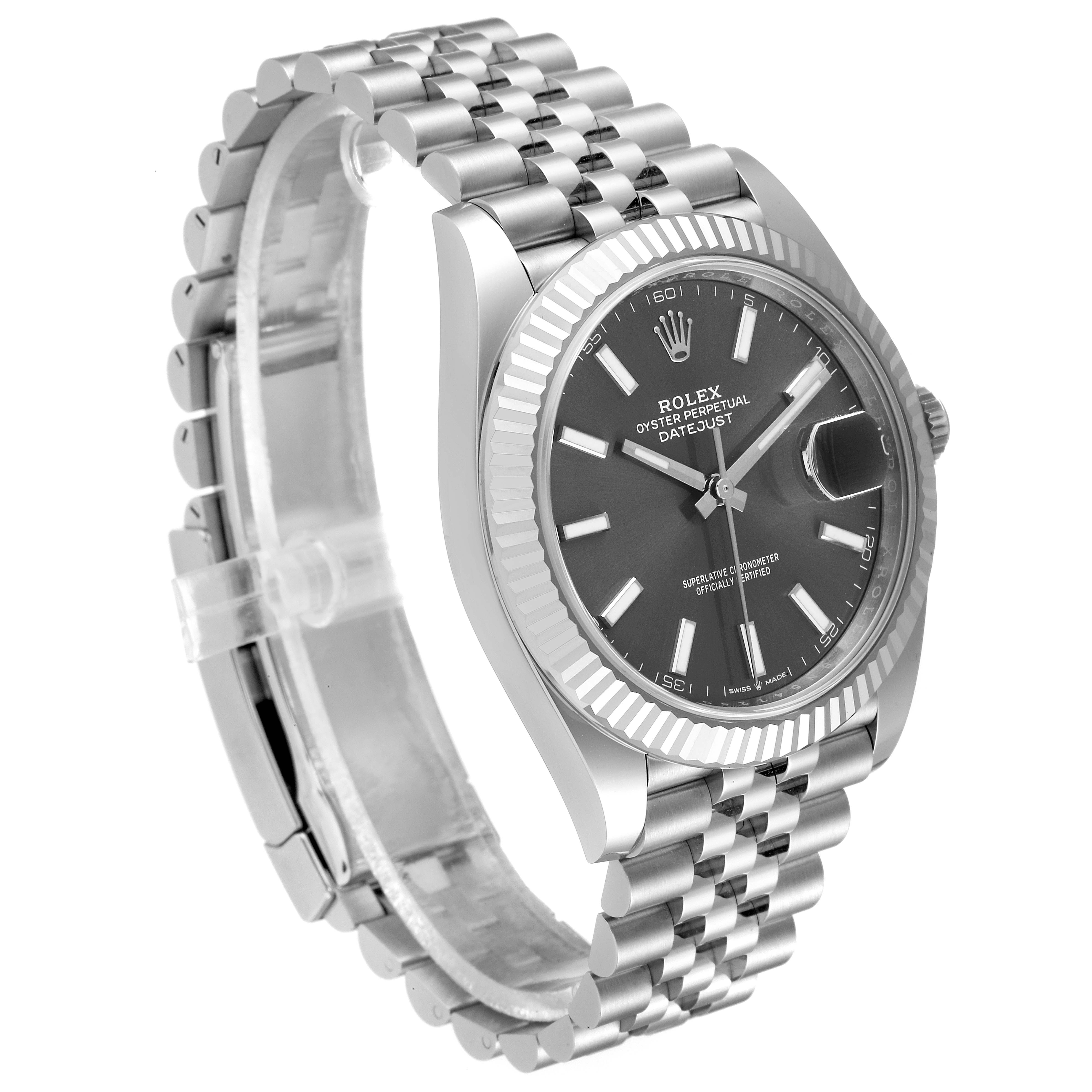 The image shows a Rolex Datejust 41 126334 Men
s Stainless Steel Grey Dial 126334 Men
s Stainless Steel Grey Dial watch from a 3/4 angle, displaying its face, bezel, case, and bracelet.