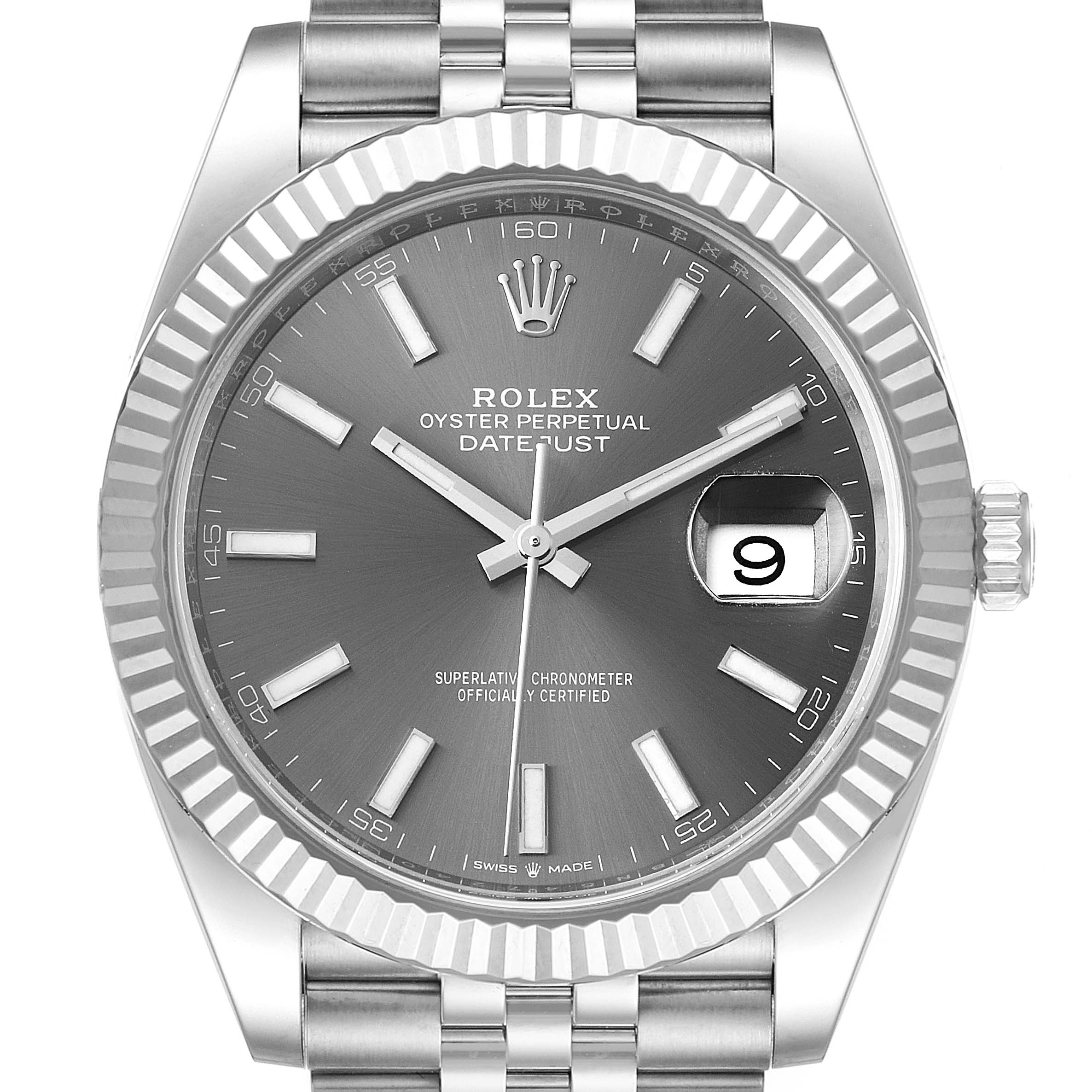 This image shows the Rolex Datejust 41 126334 Men
s Stainless Steel Grey Dial 126334 Men
s Stainless Steel Grey Dial model from a front angle, highlighting the dial, hands, date window, and fluted bezel.