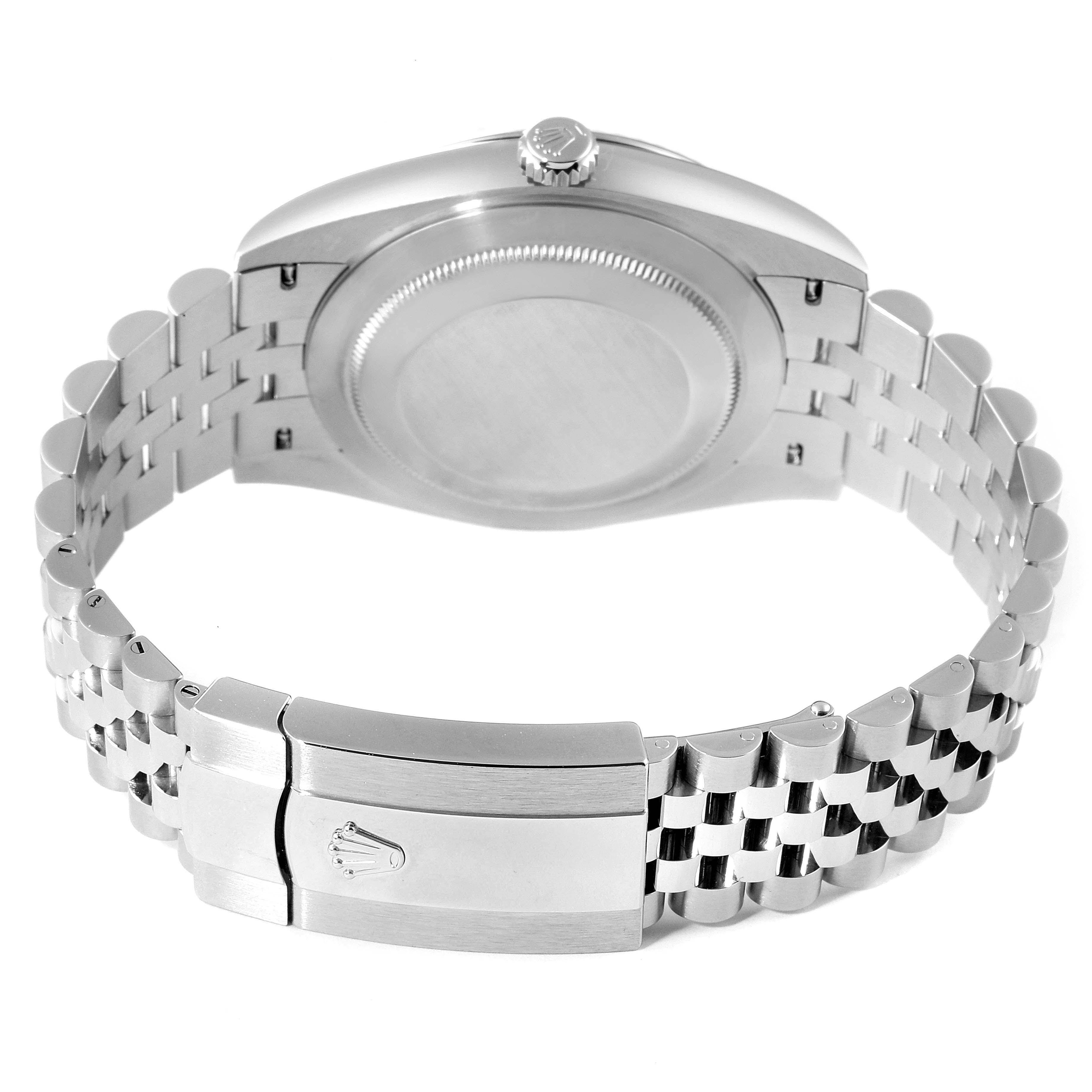 This image shows the back view of a Rolex Datejust 41 126334 Men
s Stainless Steel Grey Dial 126334 Men
s Stainless Steel Grey Dial with its bracelet and clasp visible.