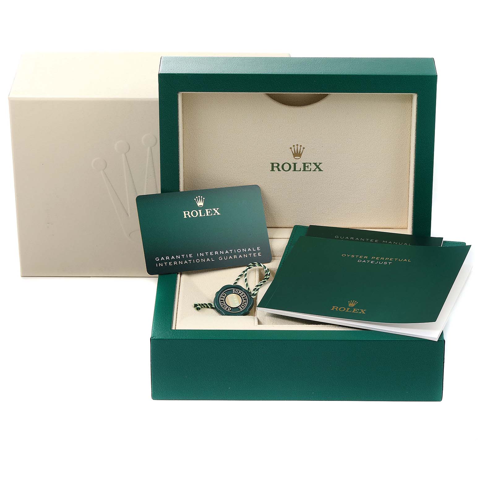 This image shows the packaging, manual, warranty card, and tag for a Rolex Datejust 41 126334 Men
s Stainless Steel Grey Dial 126334 Men
s Stainless Steel Grey Dial model.