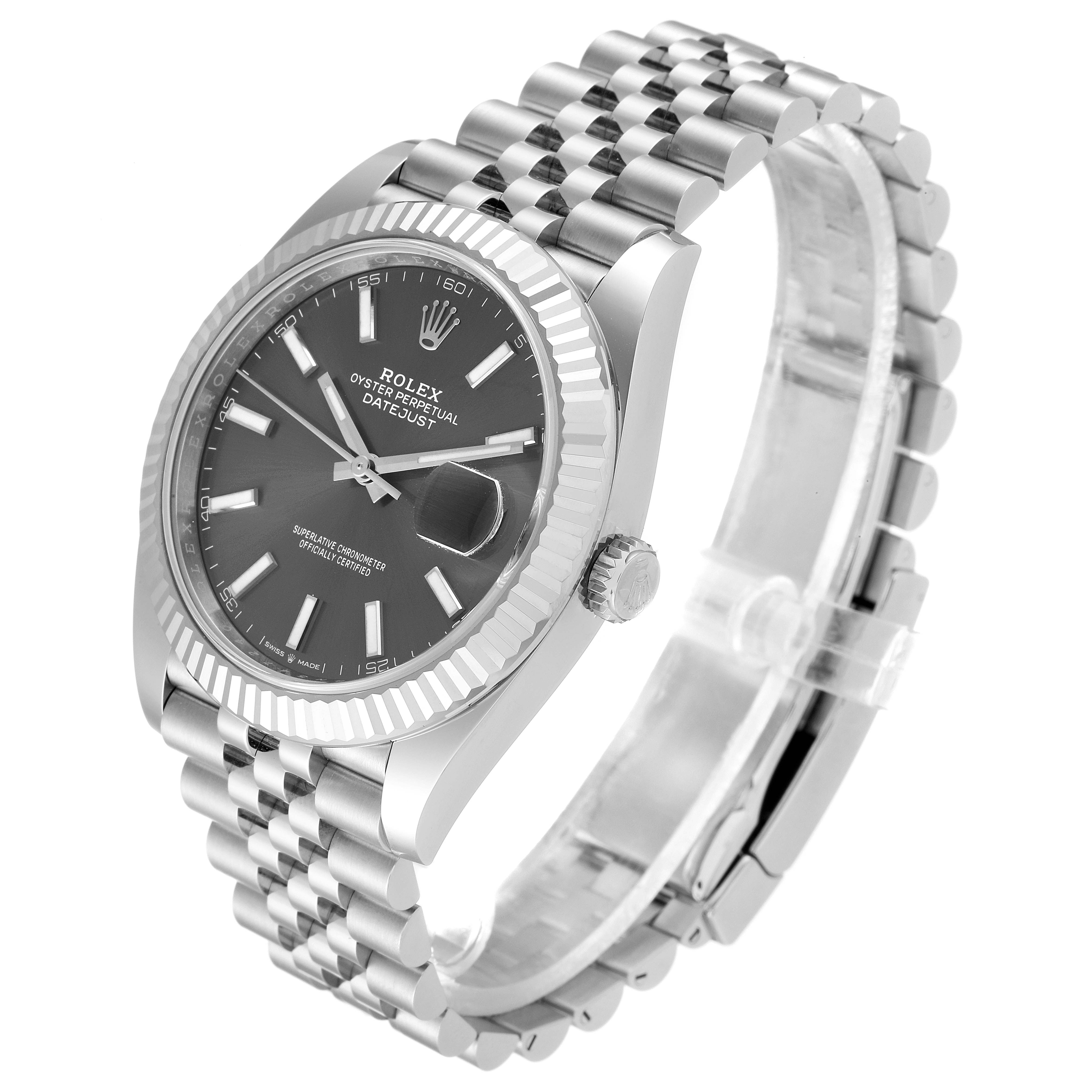 The Rolex Datejust 41 126334 Men
s Stainless Steel Grey Dial 126334 Men
s Stainless Steel Grey Dial watch is shown at an angled side view, displaying the dial, bezel, crown, and bracelet.