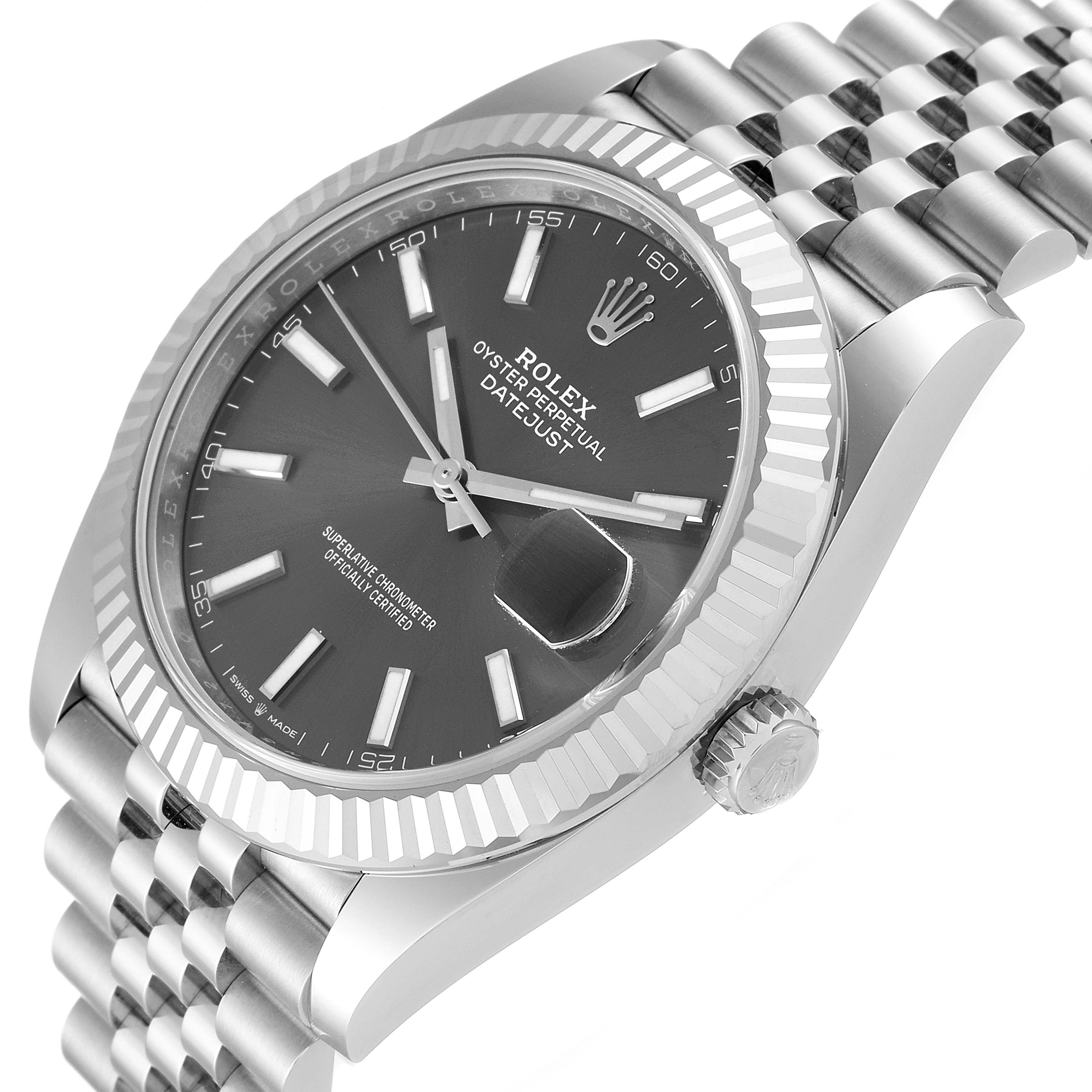 This image shows a Rolex Datejust 41 126334 Men
s Stainless Steel Grey Dial 126334 Men
s Stainless Steel Grey Dial watch at a three-quarter angle, highlighting the face, bezel, crown, and part of the bracelet.