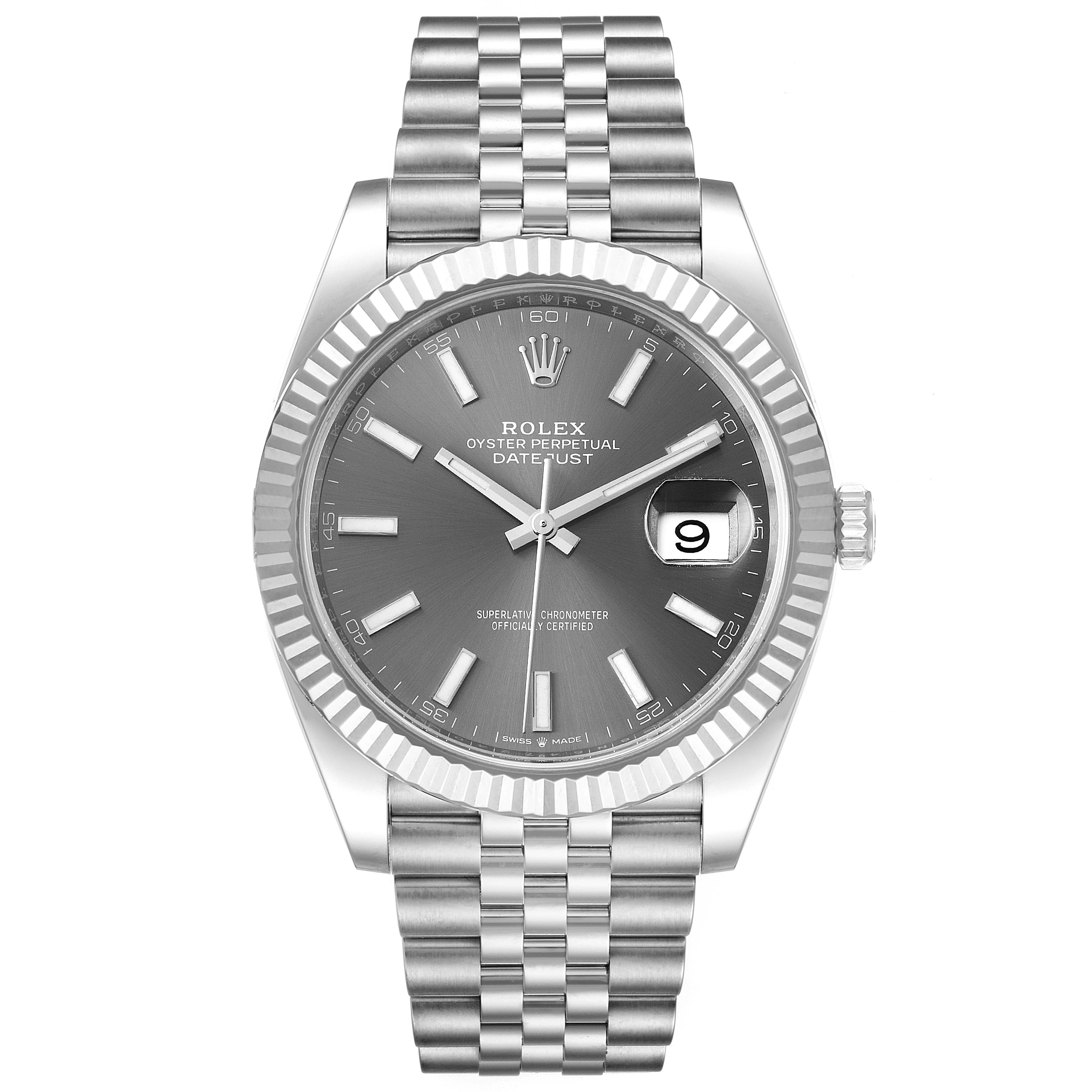 The image shows a frontal view of the Rolex Datejust 41 126334 Men
s Stainless Steel Grey Dial 126334 Men
s Stainless Steel Grey Dial watch featuring its dial, fluted bezel, and Jubilee bracelet.
