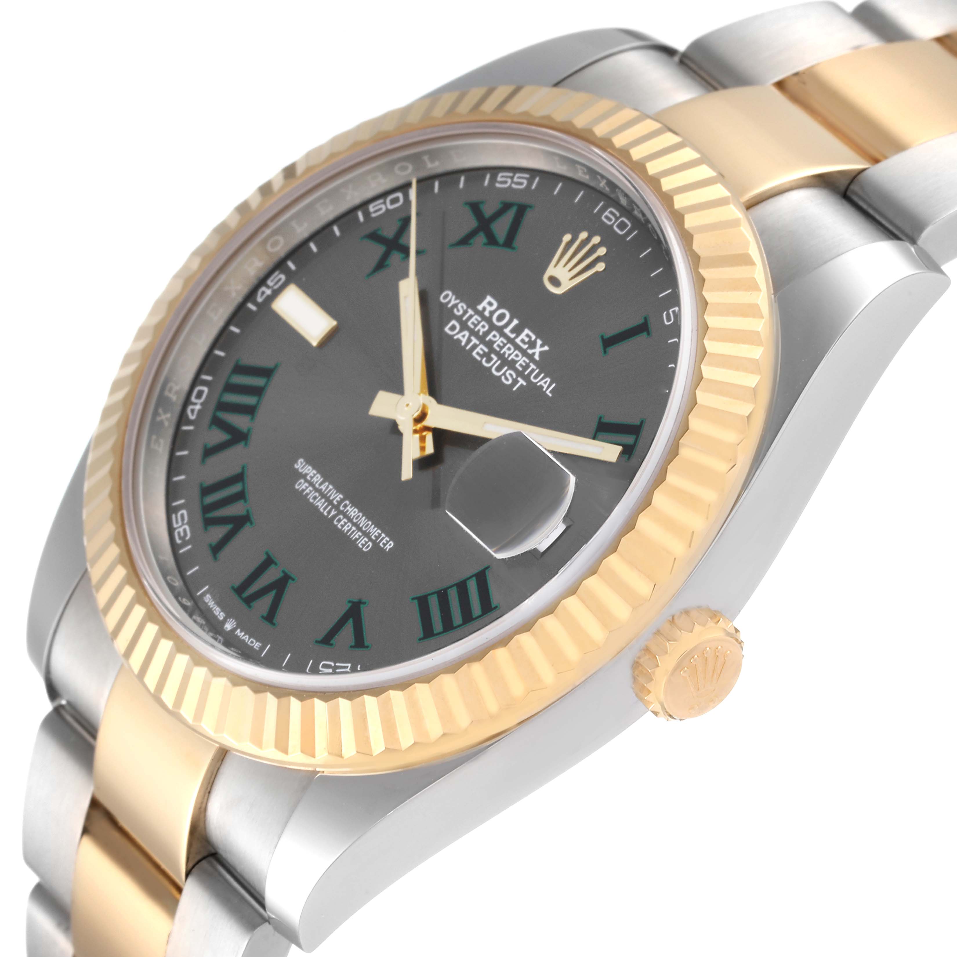 The Rolex Datejust 41 126333 Men's Steel and Gold (two tone) Grey Dial 126333 Men's Steel and Gold (two tone) Grey Dial watch is shown at an angle featuring its dial, bezel, partial bracelet, and crown.