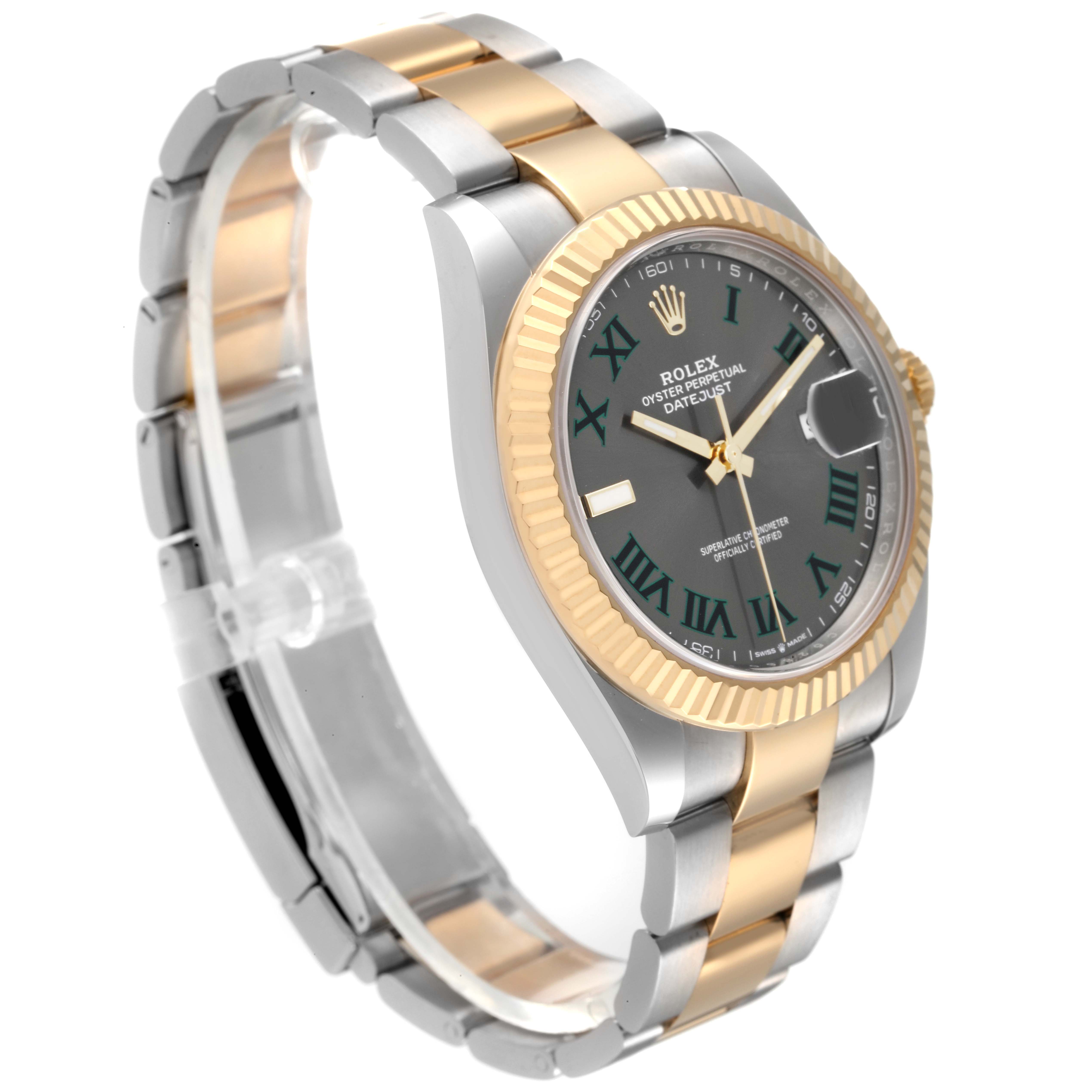 The Rolex Datejust 41 126333 Men's Steel and Gold (two tone) Grey Dial 126333 Men's Steel and Gold (two tone) Grey Dial watch is shown at a three-quarter angle, displaying its bracelet, case, dial, and fluted bezel.