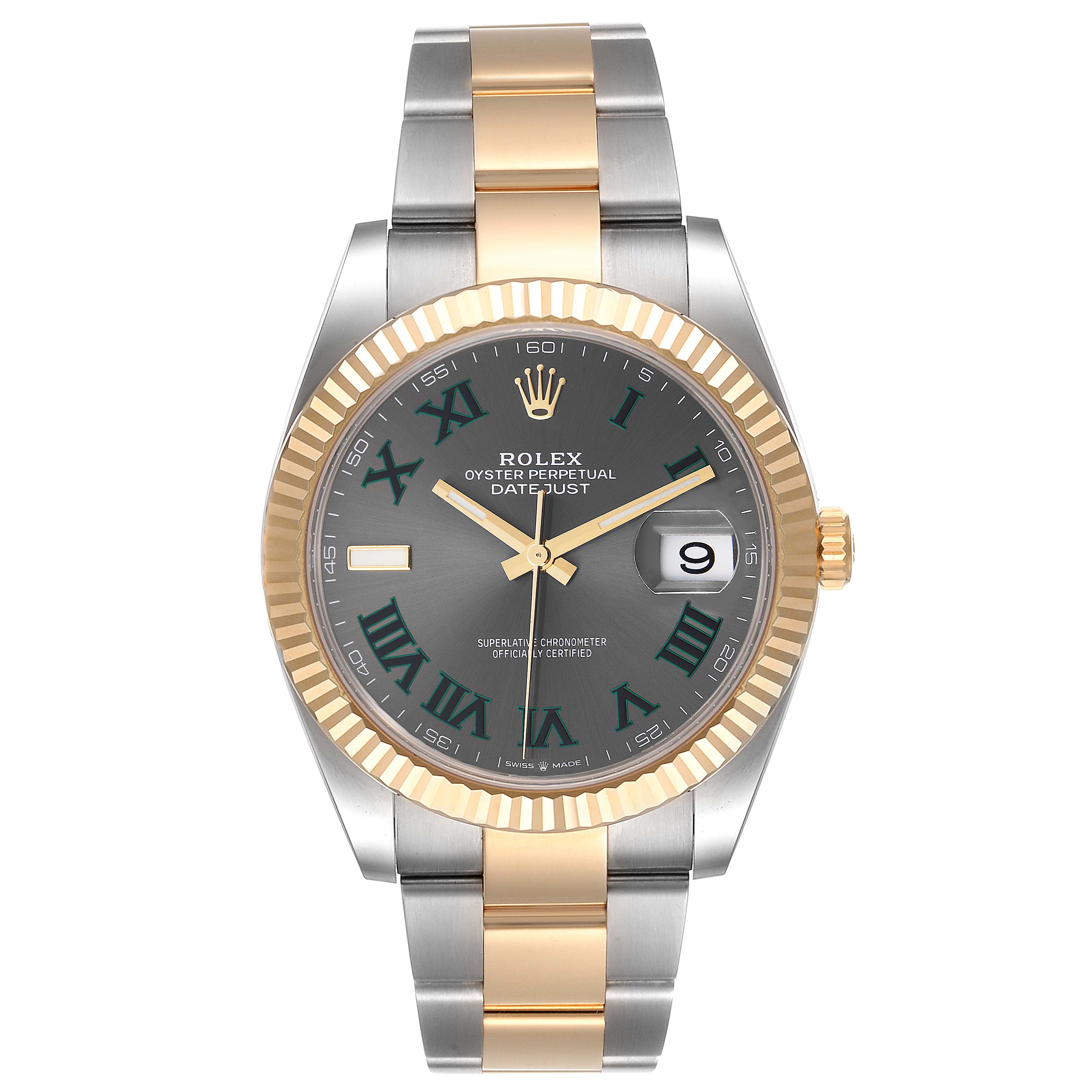 The image shows a front view of a Rolex Datejust 41 126333 Men's Steel and Gold (two tone) Grey Dial 126333 Men's Steel and Gold (two tone) Grey Dial watch, highlighting its two-tone bracelet and fluted bezel.