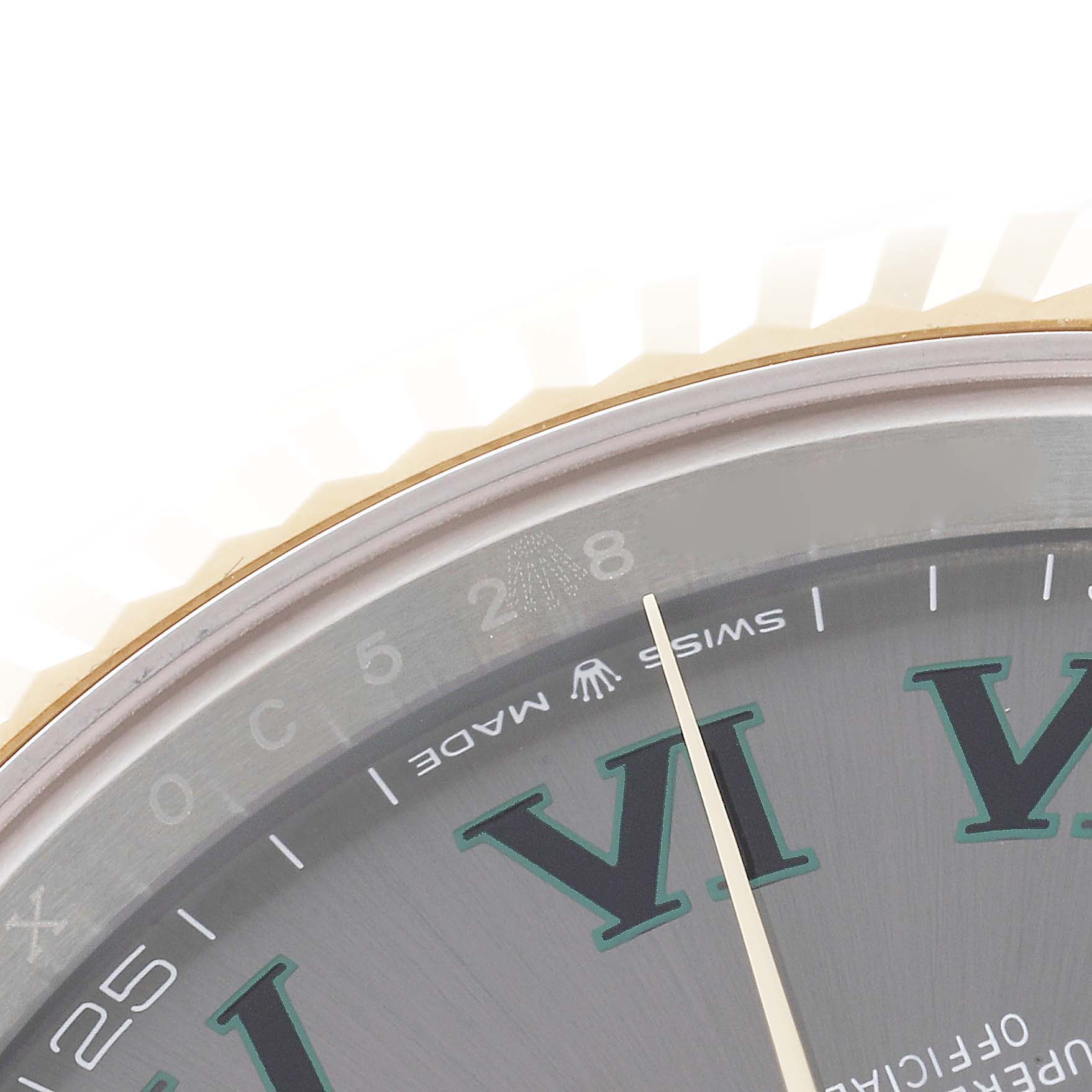 The image shows a close-up of the dial and fluted bezel of a Rolex Datejust 41 126333 Men's Steel and Gold (two tone) Grey Dial 126333 Men's Steel and Gold (two tone) Grey Dial watch.