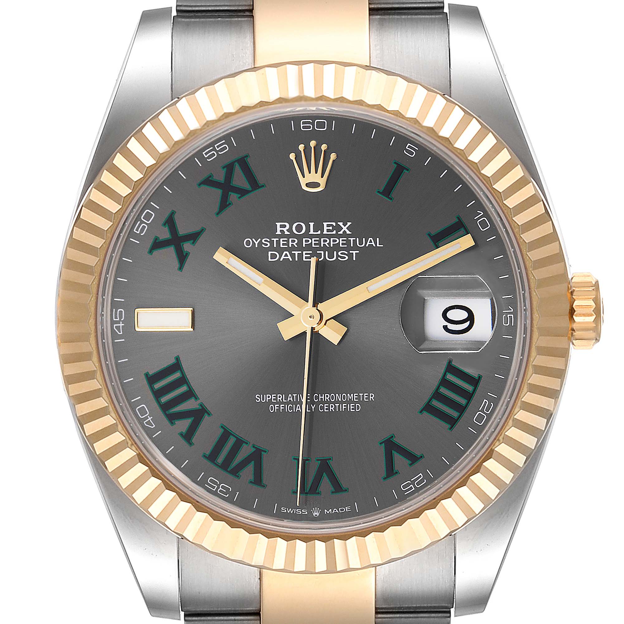 The image shows a front view of a Rolex Datejust 41 126333 Men's Steel and Gold (two tone) Grey Dial 126333 Men's Steel and Gold (two tone) Grey Dial with a grey dial, gold fluted bezel, and two-tone bracelet.