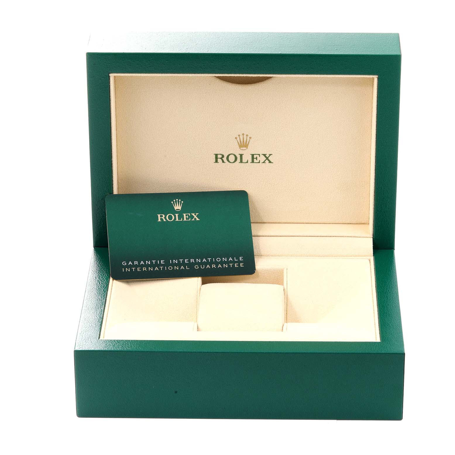 This image shows the open green box and international guarantee card for the Rolex Datejust 41 126333 Men's Steel and Gold (two tone) Grey Dial 126333 Men's Steel and Gold (two tone) Grey Dial model.