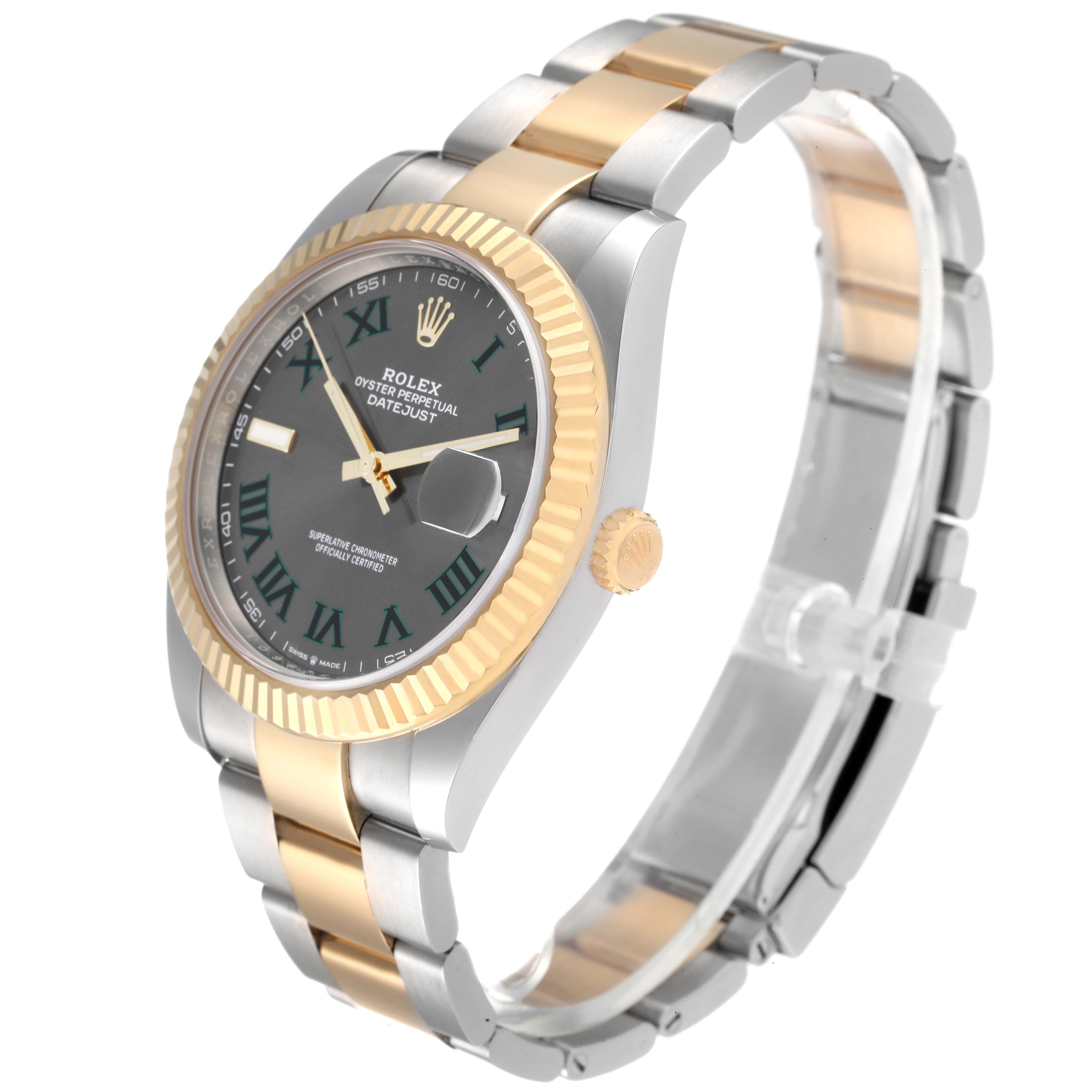 The Rolex Datejust 41 126333 Men's Steel and Gold (two tone) Grey Dial 126333 Men's Steel and Gold (two tone) Grey Dial watch is shown at an angle displaying the face, bezel, and two-tone bracelet.