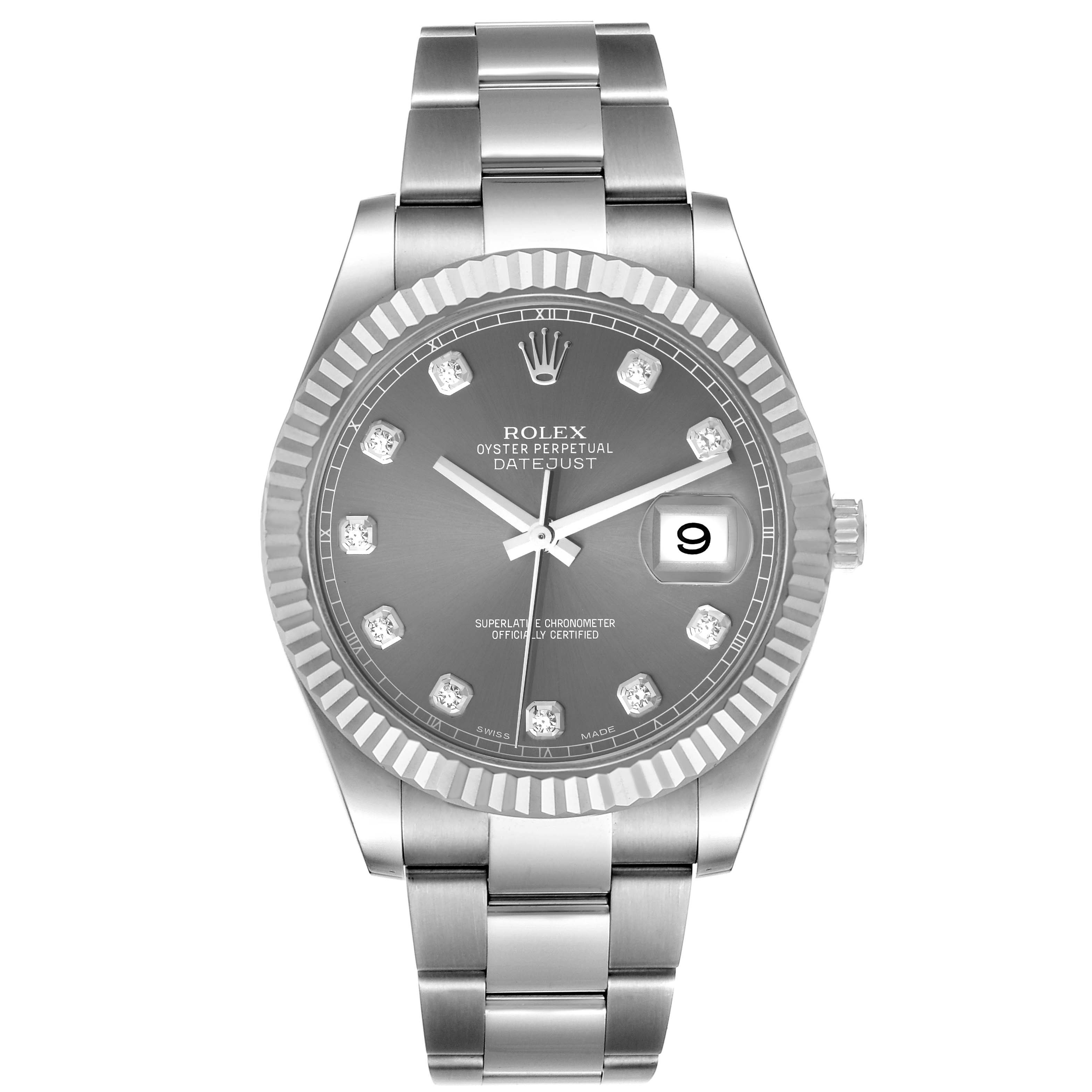 This image shows a frontal view of the Rolex Datejust 41 116334 Men's Stainless Steel Grey Dial 116334 Men's Stainless Steel Grey Dial watch, displaying its dial, bezel, bracelet, and crown.