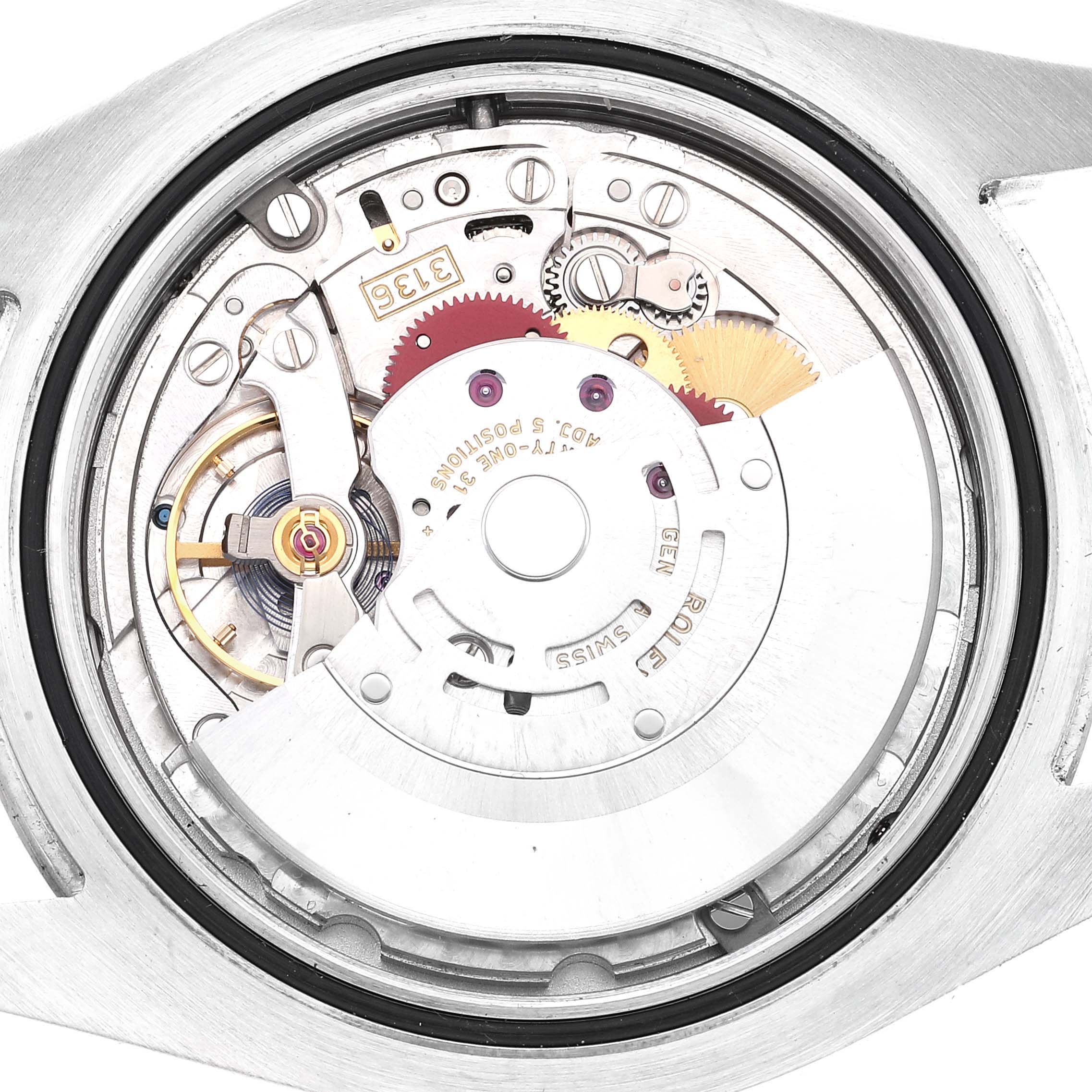 This image shows the inner mechanism and movement of the Rolex Datejust 41 116334 Men's Stainless Steel Grey Dial 116334 Men's Stainless Steel Grey Dial watch from a top-down angle.