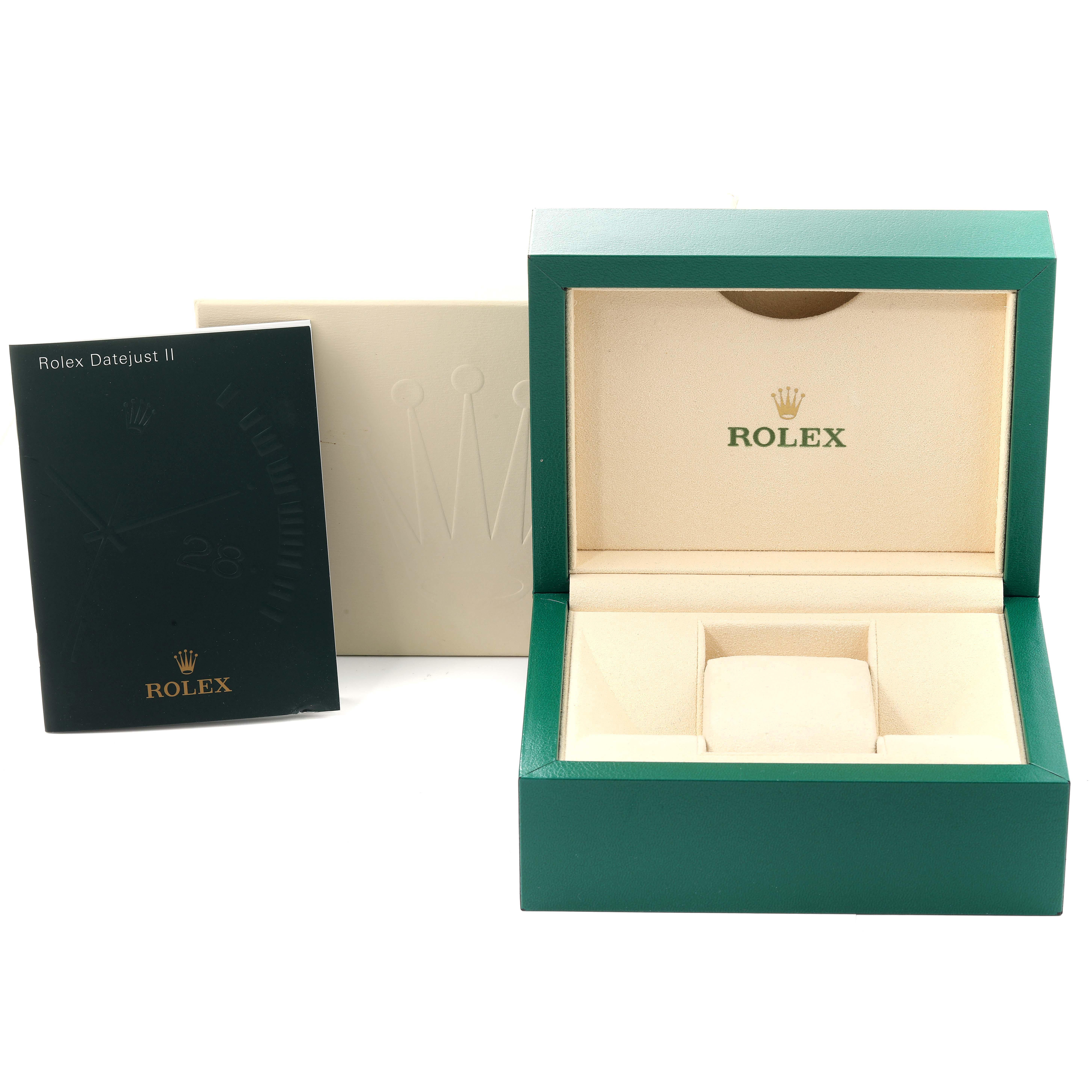 The image shows the packaging and manual for a Rolex Datejust 41 116334 Men's Stainless Steel Grey Dial 116334 Men's Stainless Steel Grey Dial, including a green watch box and an instruction booklet.