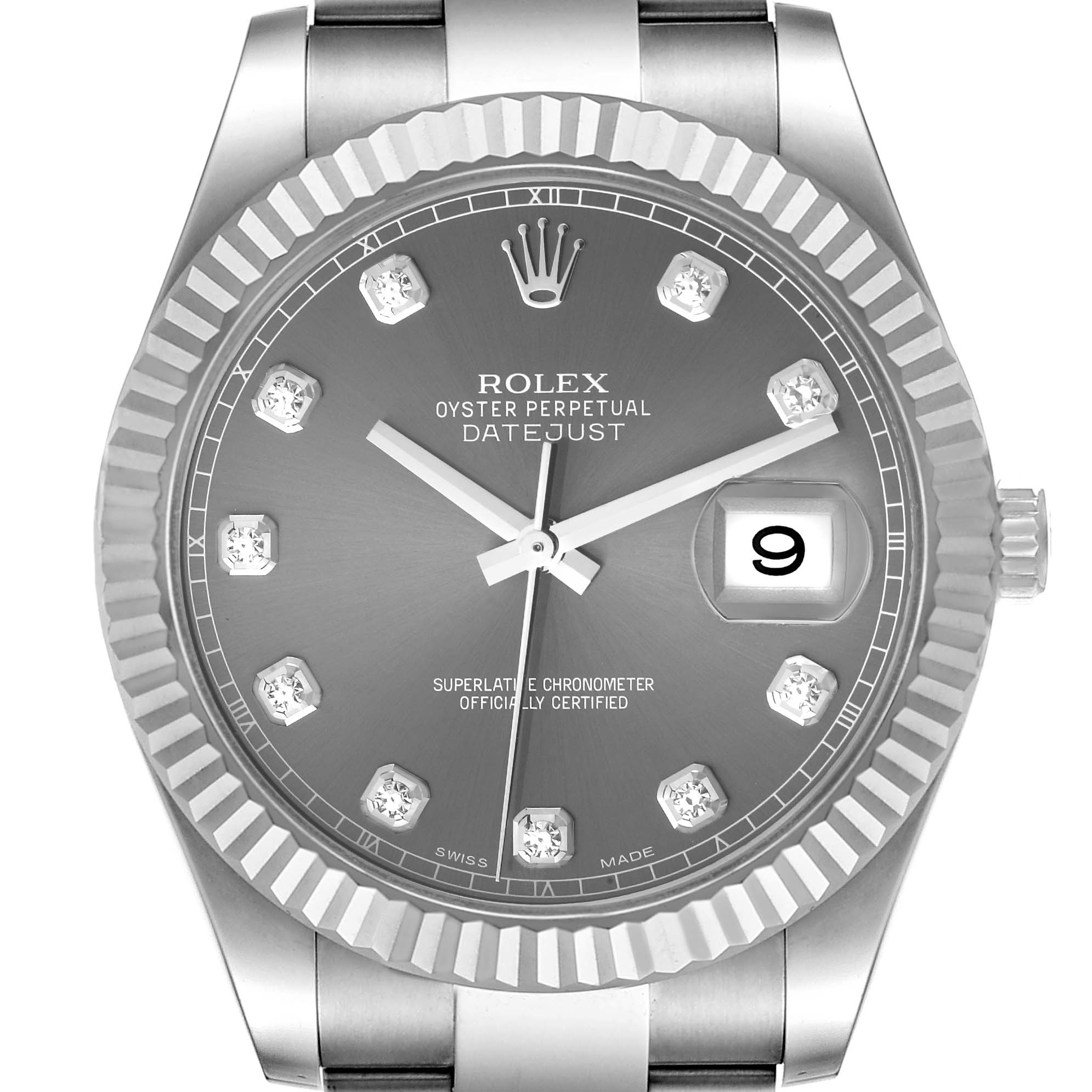 This image shows a Rolex Datejust 41 116334 Men's Stainless Steel Grey Dial 116334 Men's Stainless Steel Grey Dial model watch face from a top-down angle, highlighting the dial, hands, bezel, and date window.