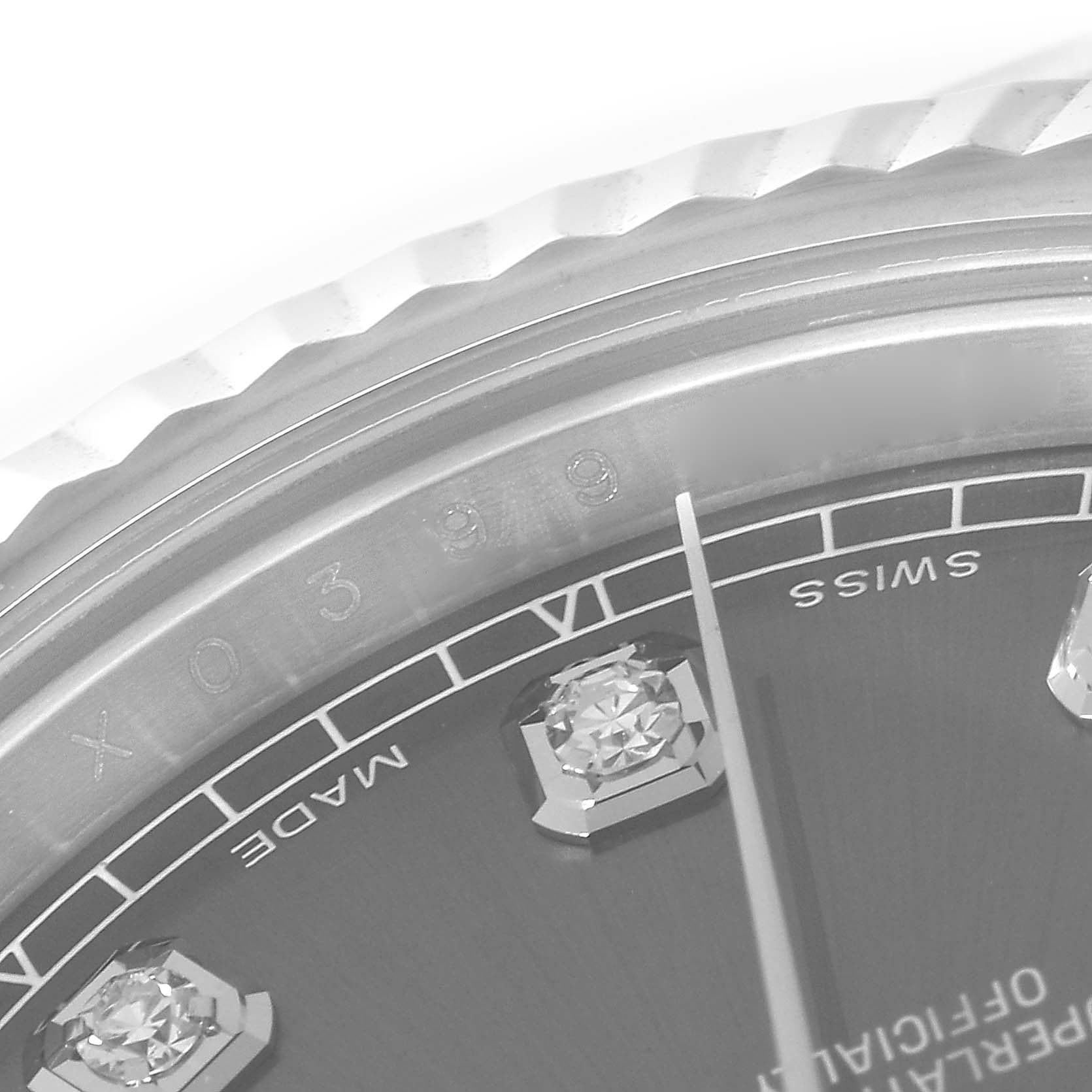 This image shows a close-up partial view of the bezel, dial, diamond hour markers, and second hand of the Rolex Datejust 41 116334 Men's Stainless Steel Grey Dial 116334 Men's Stainless Steel Grey Dial watch.