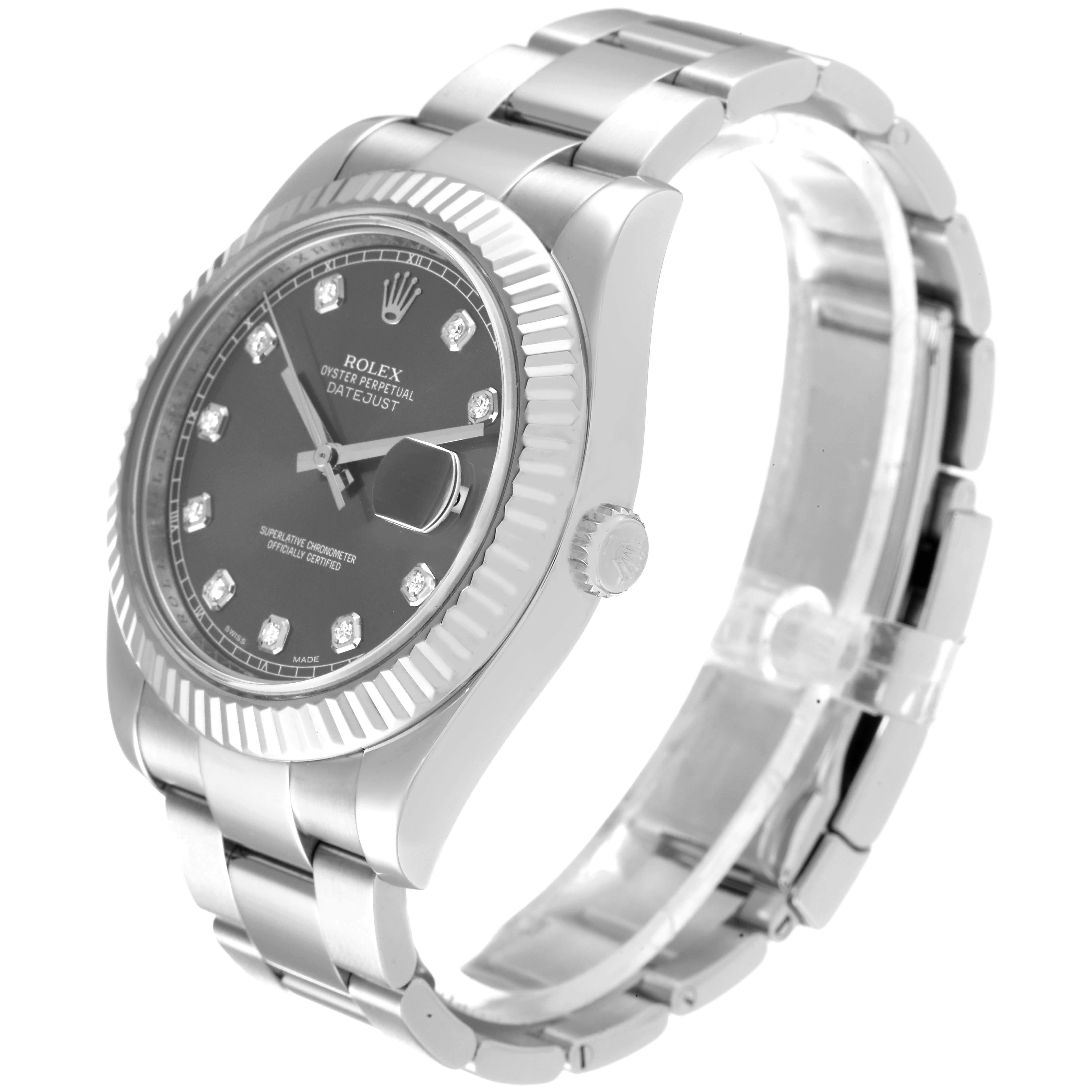 This image shows a side-angle view of the Rolex Datejust 41 116334 Men's Stainless Steel Grey Dial 116334 Men's Stainless Steel Grey Dial, displaying the dial, fluted bezel, bracelet, and crown.