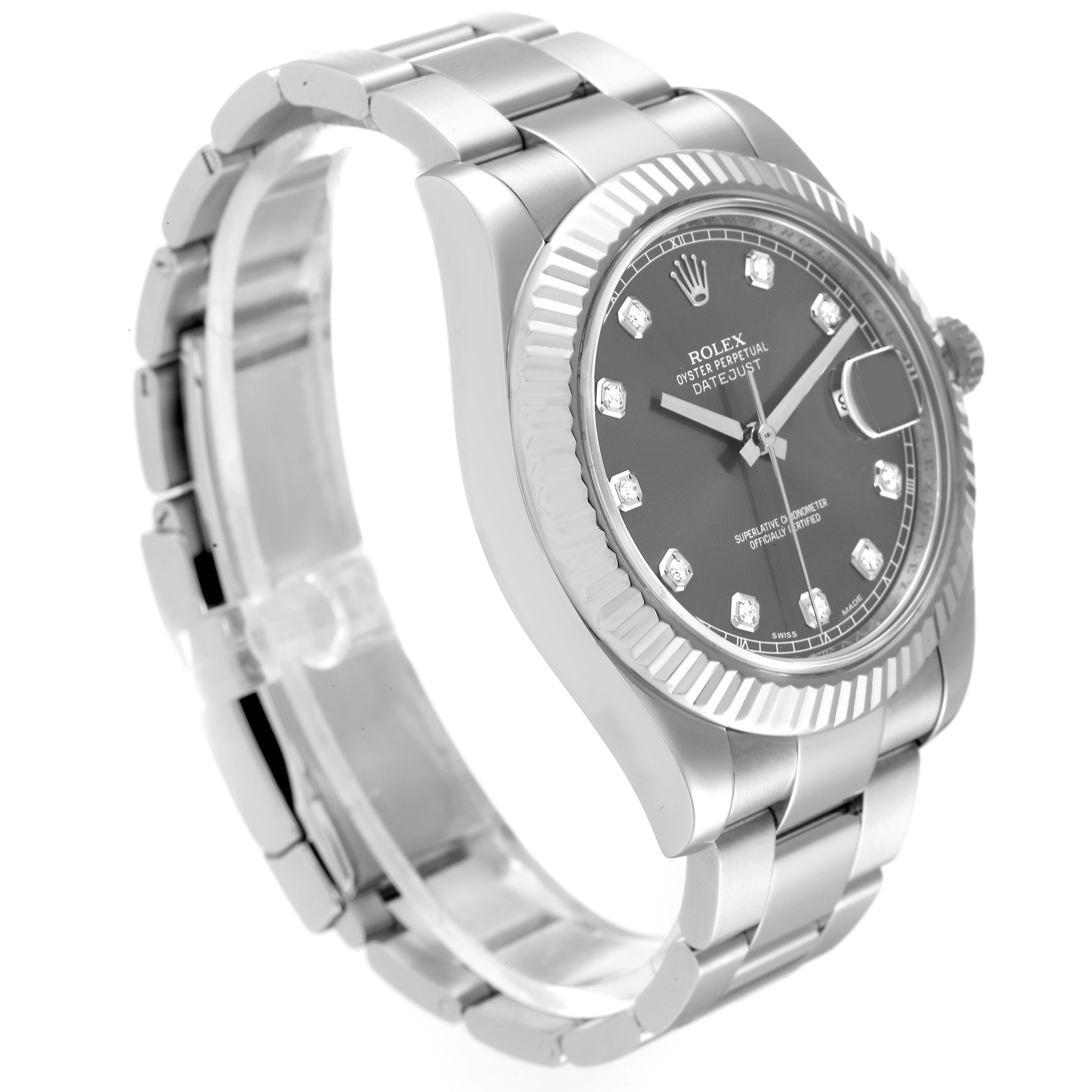 This Rolex Datejust 41 116334 Men's Stainless Steel Grey Dial 116334 Men's Stainless Steel Grey Dial watch is shown at an angled side view displaying the bracelet, case, dial, and bezel.