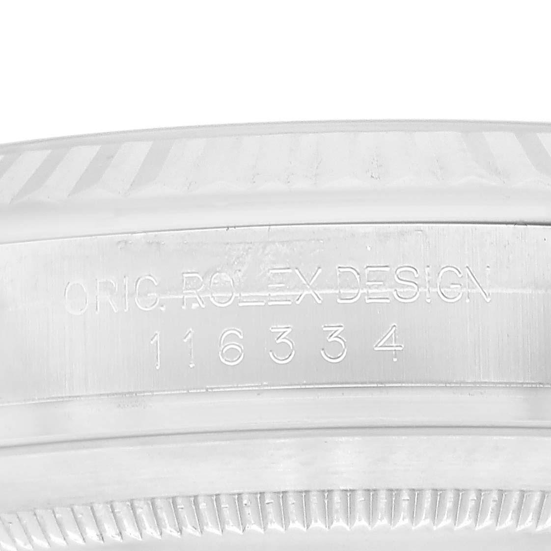 The image shows a close-up of the engraved side of the case of a Rolex Datejust 41 116334 Men's Stainless Steel Grey Dial 116334 Men's Stainless Steel Grey Dial watch, highlighting the "ORIG. ROLEX DESIGN" and model number.