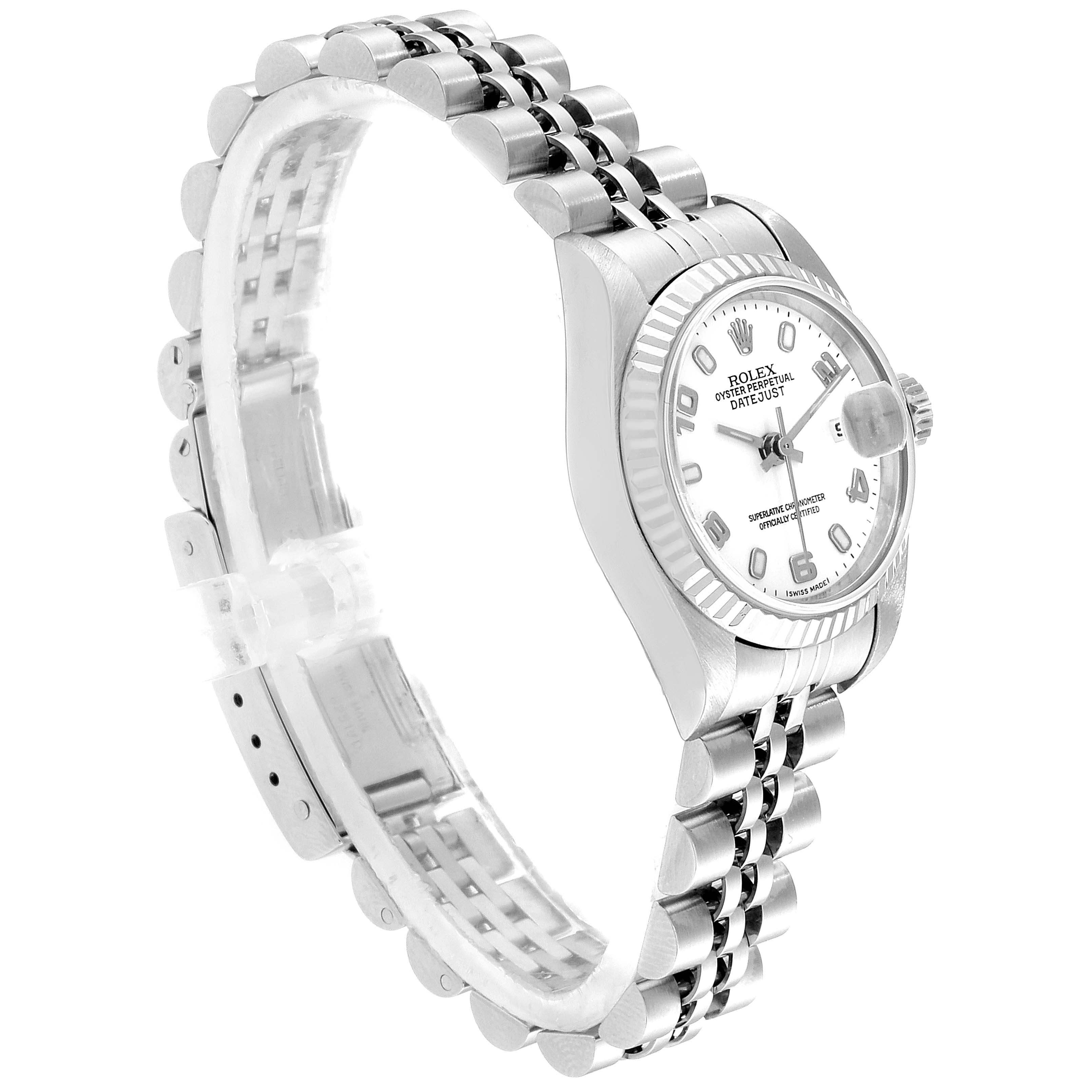 The image shows a side view of the Rolex Datejust 79174 Women's Stainless Steel White Dial 79174 Women's Stainless Steel White Dial watch, featuring its bracelet, case, and dial.