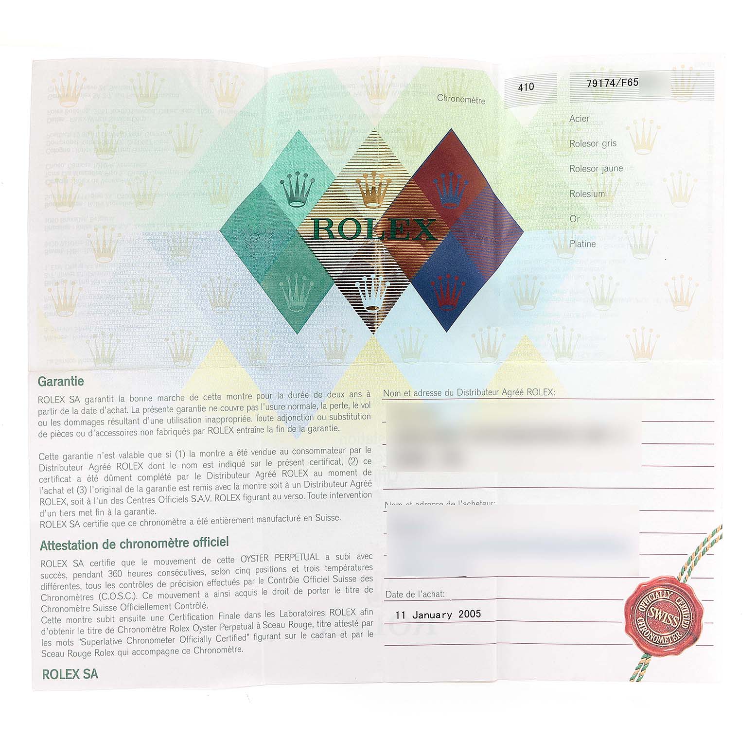 The image shows a warranty certificate for a Rolex Datejust 79174 Women's Stainless Steel White Dial 79174 Women's Stainless Steel White Dial model, detailing authenticity and purchase information.