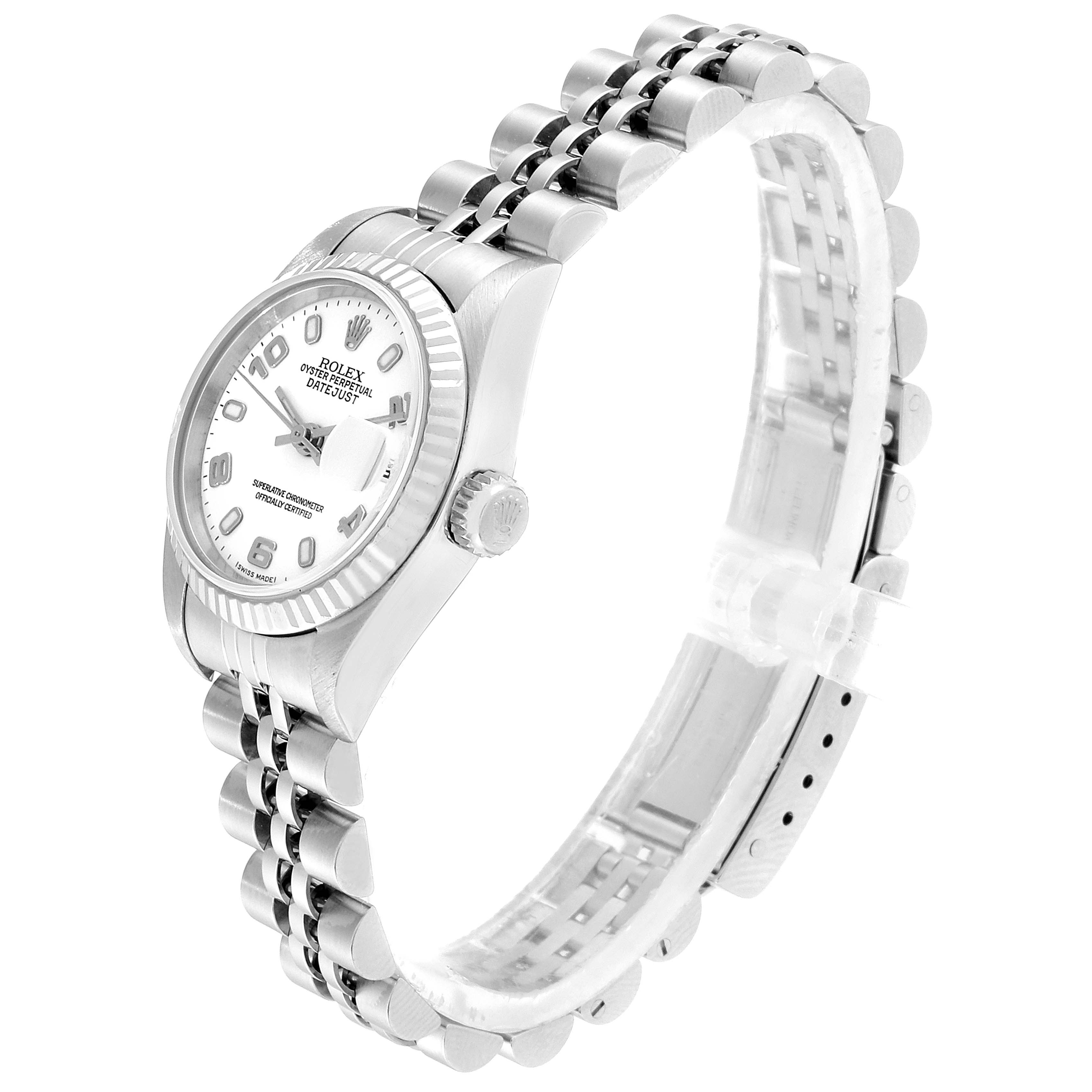 The image shows a Rolex Datejust 79174 Women's Stainless Steel White Dial 79174 Women's Stainless Steel White Dial watch at a three-quarter angle, highlighting the dial, case, and bracelet.