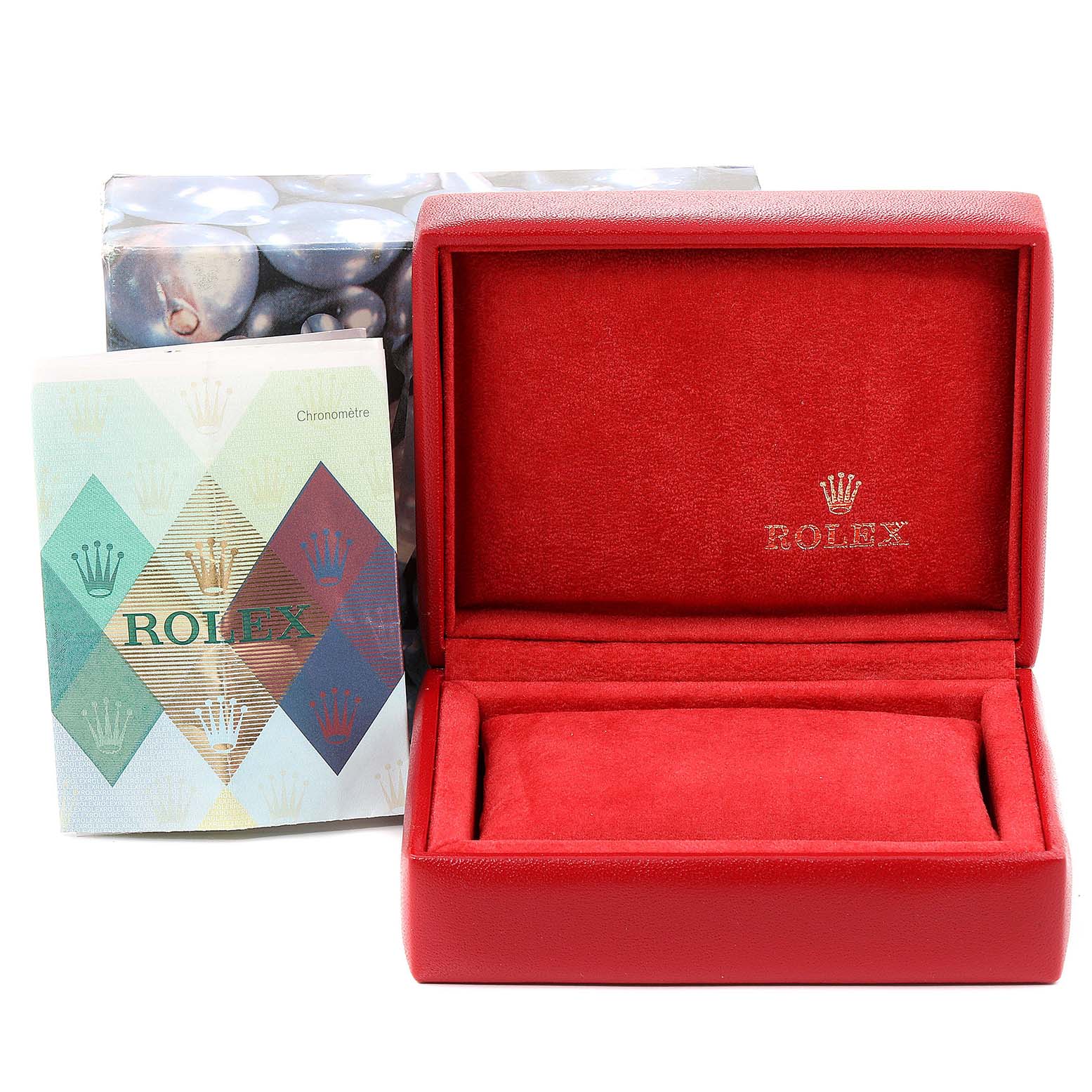 The image shows a red Rolex Datejust 79174 Women's Stainless Steel White Dial 79174 Women's Stainless Steel White Dial watch box with a booklet, viewed from the front.