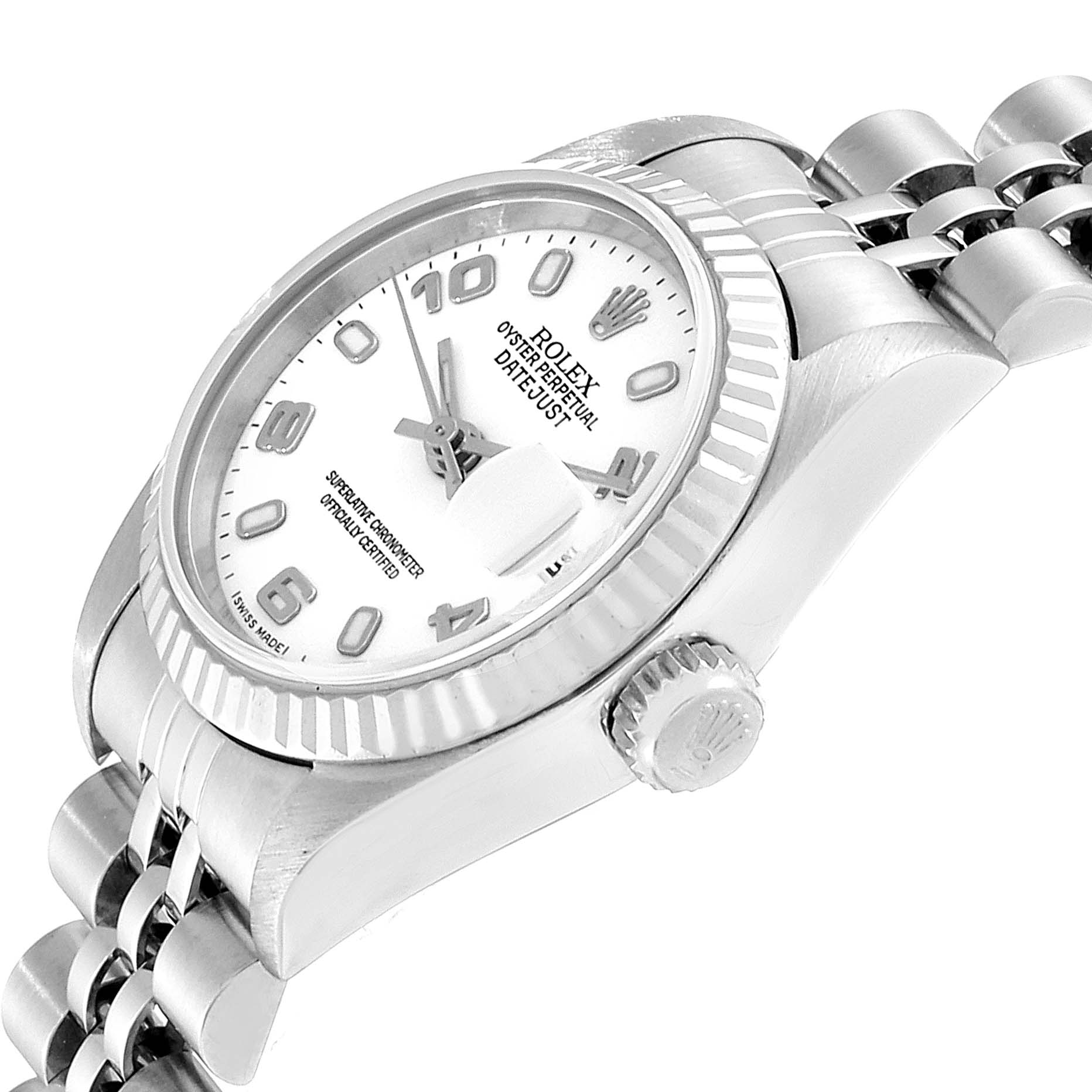 The image shows a side angle of the Rolex Datejust 79174 Women's Stainless Steel White Dial 79174 Women's Stainless Steel White Dial, highlighting its dial, bezel, crown, and part of the bracelet.