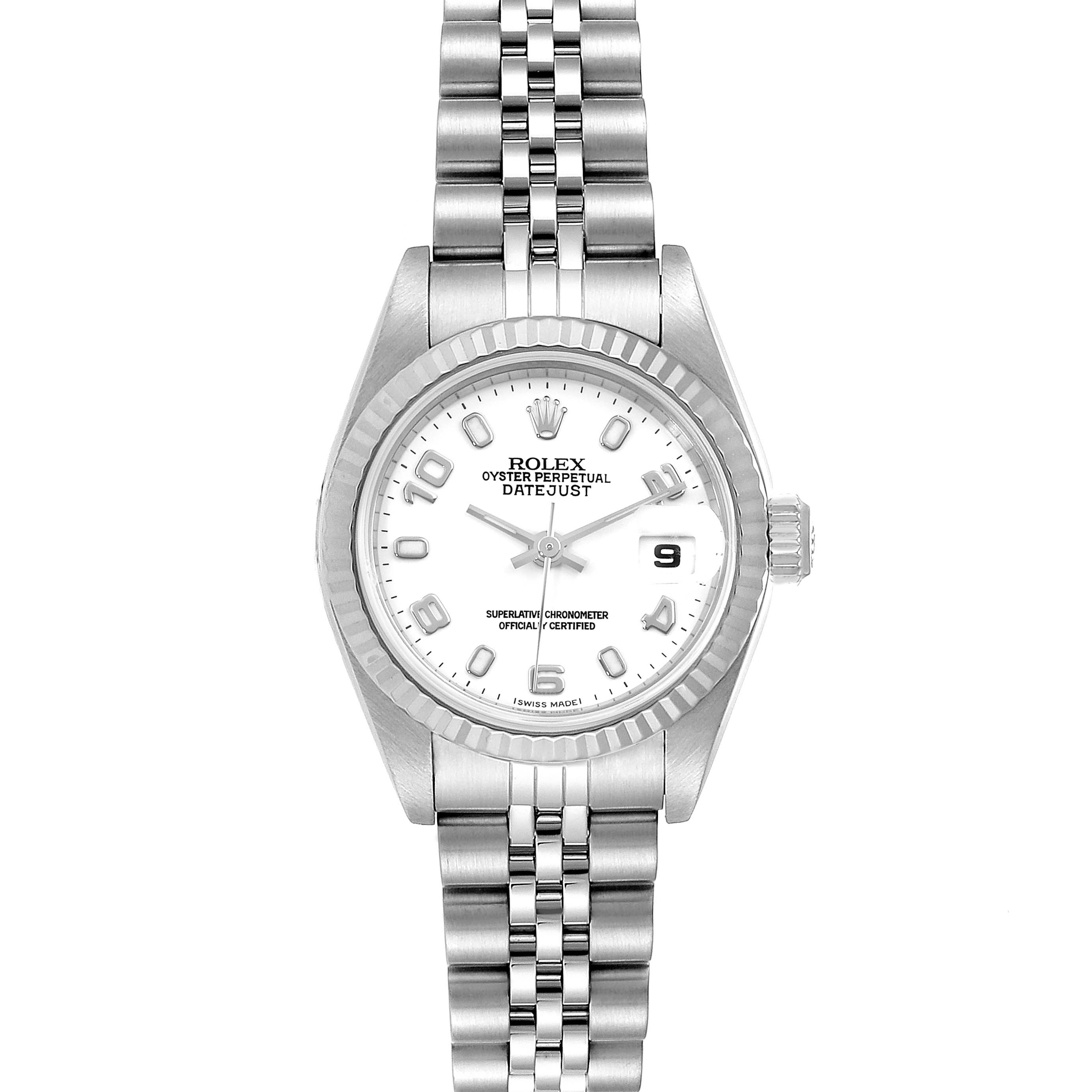 The Rolex Datejust 79174 Women's Stainless Steel White Dial 79174 Women's Stainless Steel White Dial watch is shown from a straight-on angle, displaying its dial, bezel, crown, and bracelet.