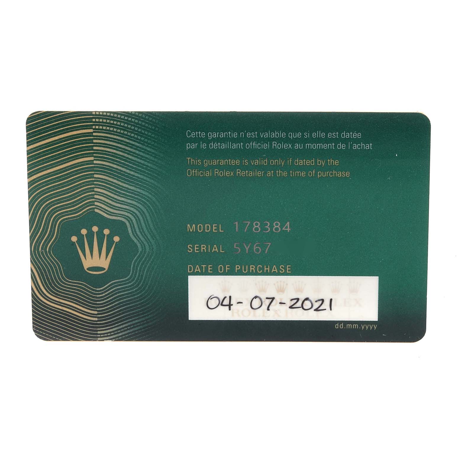 This image features a green warranty card for a Mid-Size Rolex watch, model number 178384, with a purchase date of 04-07-2021.