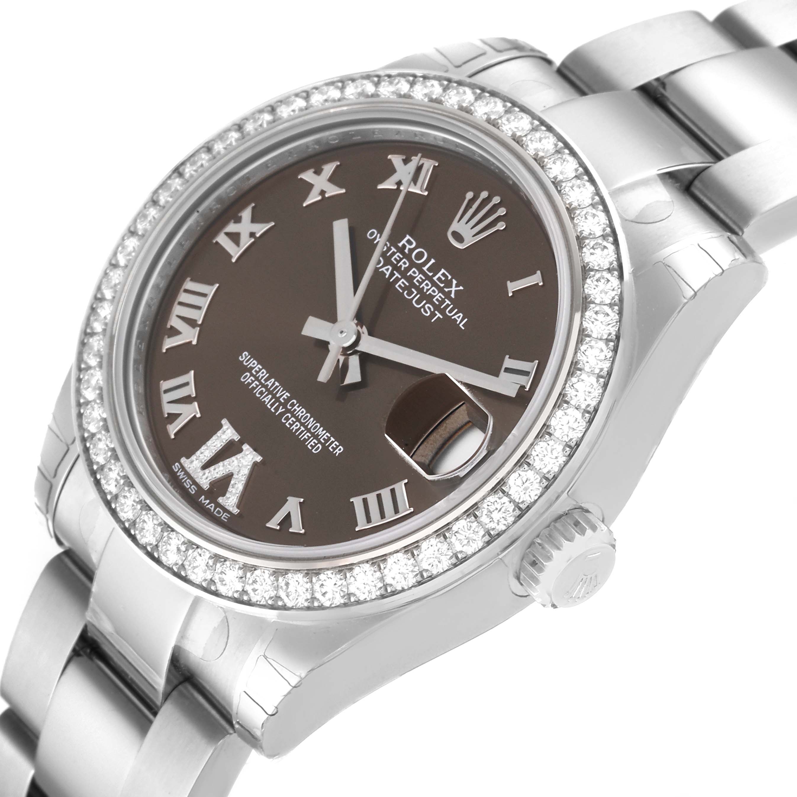 This mid-size Rolex Datejust watch is shown at a slight angle, highlighting the face, bezel, bracelet, and crown.