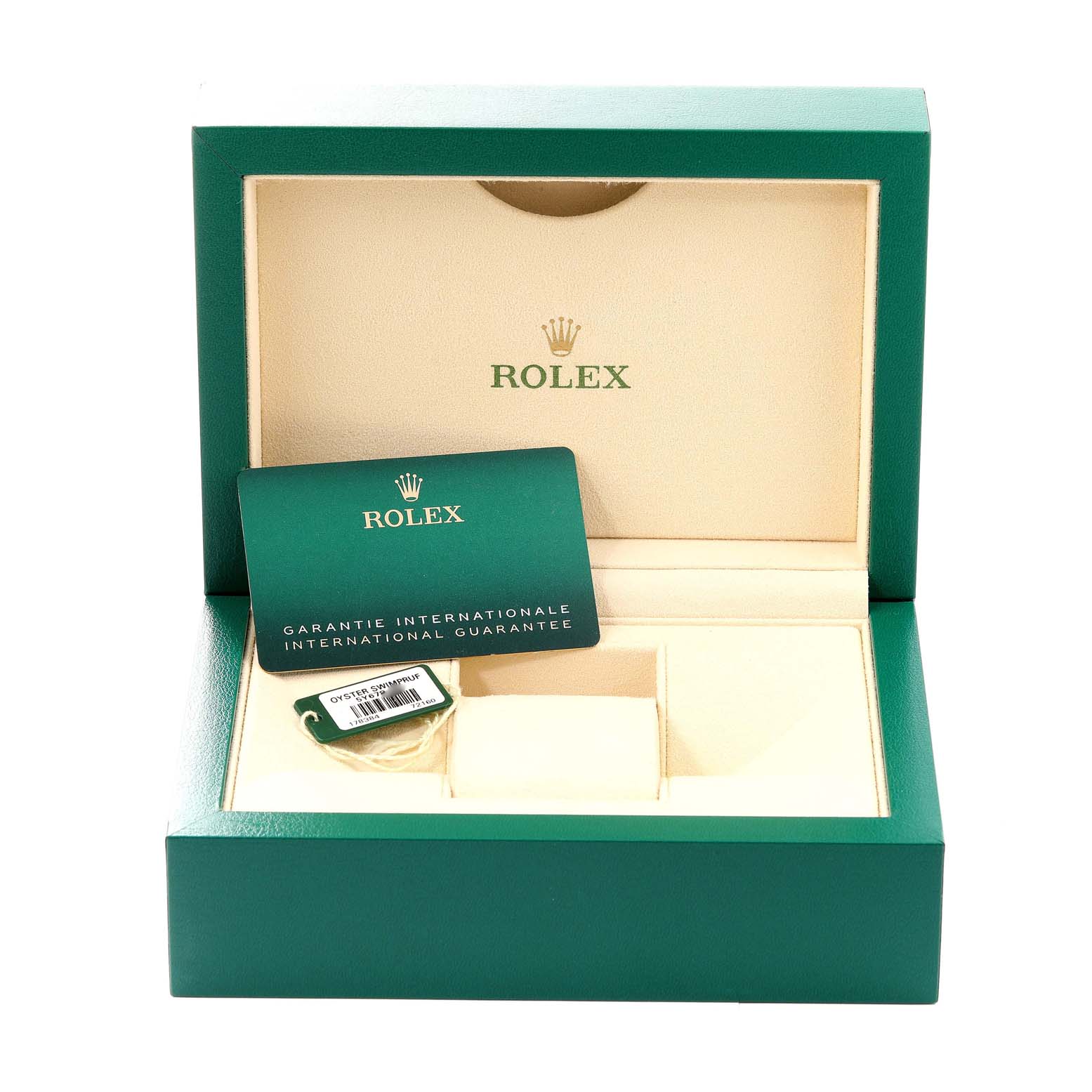 The image shows the open box and accompanying warranty card for a Rolex Mid-Size 178384 Women's Stainless Steel Brown Dial 178384 Women's Stainless Steel Brown Dial model watch.
