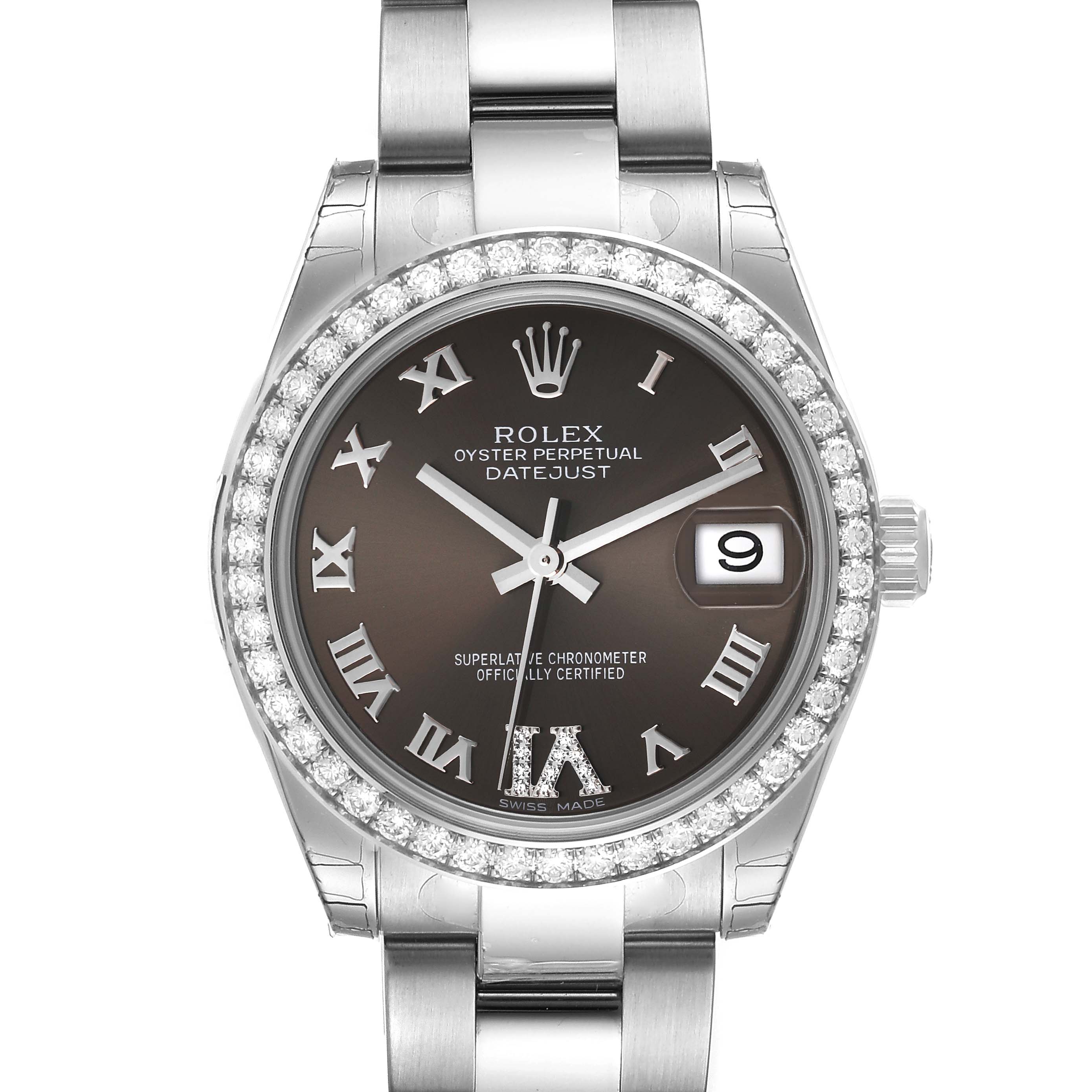 The image shows a front view of a Rolex Mid-Size 178384 Women's Stainless Steel Brown Dial 178384 Women's Stainless Steel Brown Dial Oyster Perpetual Datejust watch, highlighting its face, bezel, and part of the bracelet.