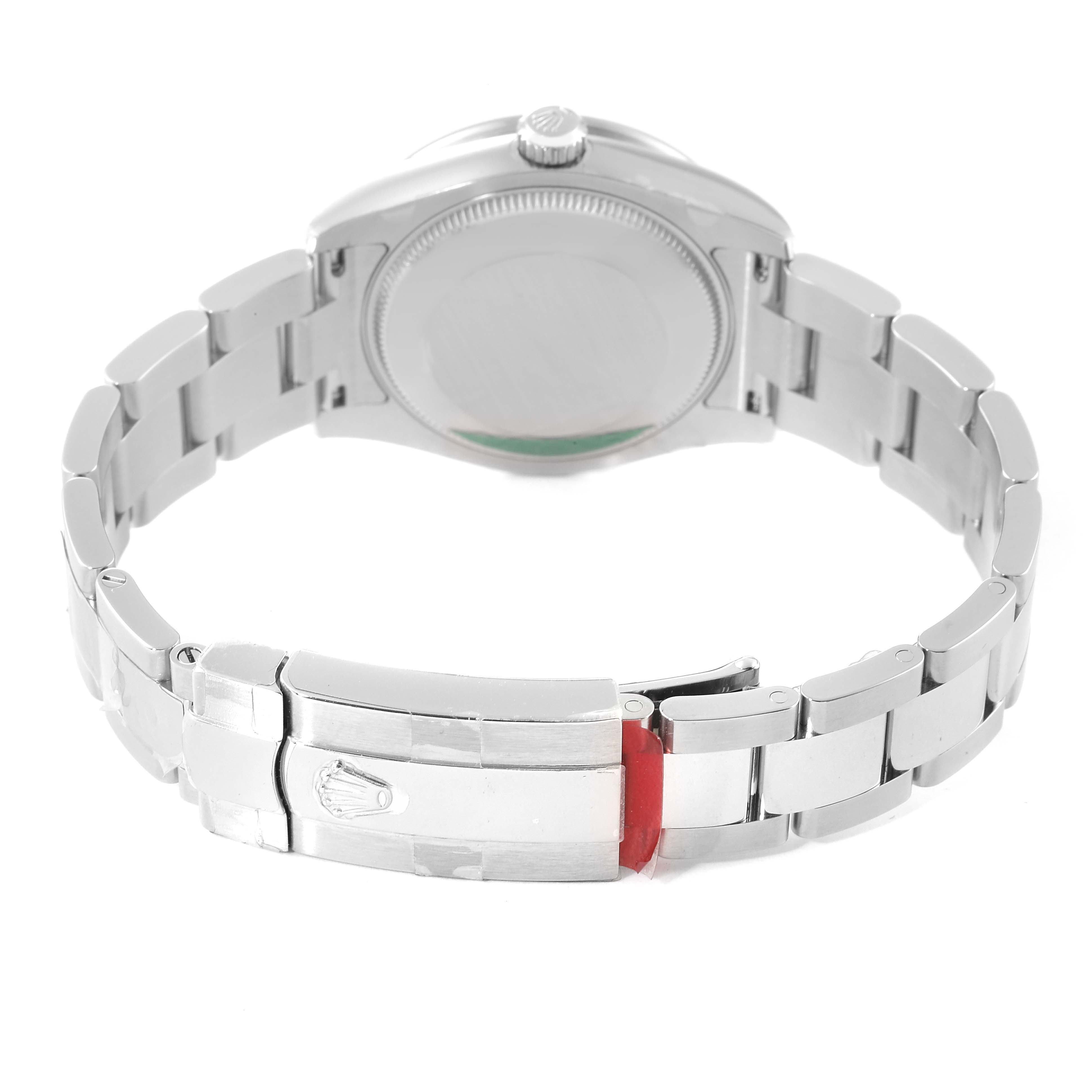 The image shows the back view and clasp of a Rolex Mid-Size 178384 Women's Stainless Steel Brown Dial 178384 Women's Stainless Steel Brown Dial model watch.