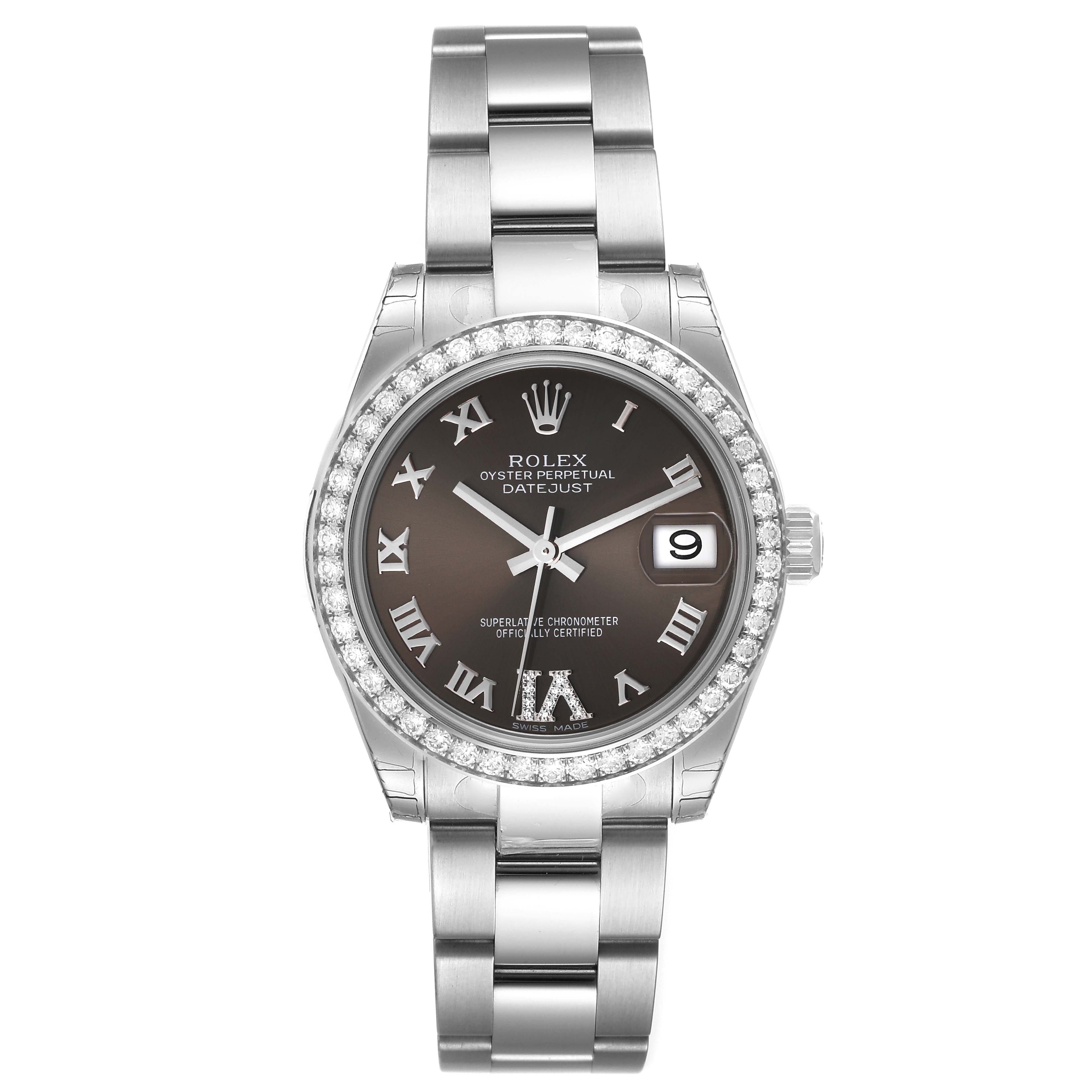 The image shows a front view of a Rolex Oyster Perpetual Datejust Mid-Size watch with a silver bracelet and diamond-encrusted bezel.